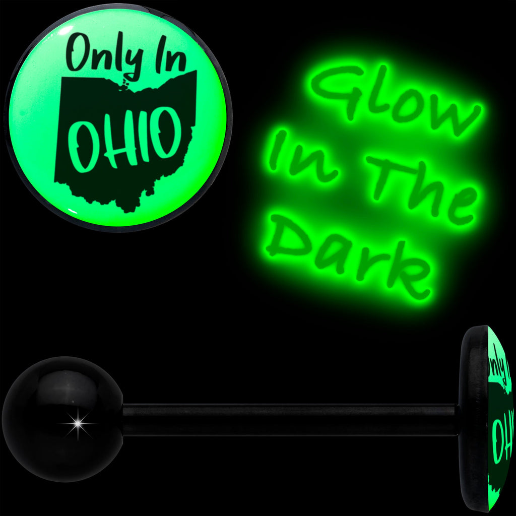 BodyCandy Glow in the Dark Black Anodized Only in Ohio Barbell Tongue Ring by Onyx O — detail close-up