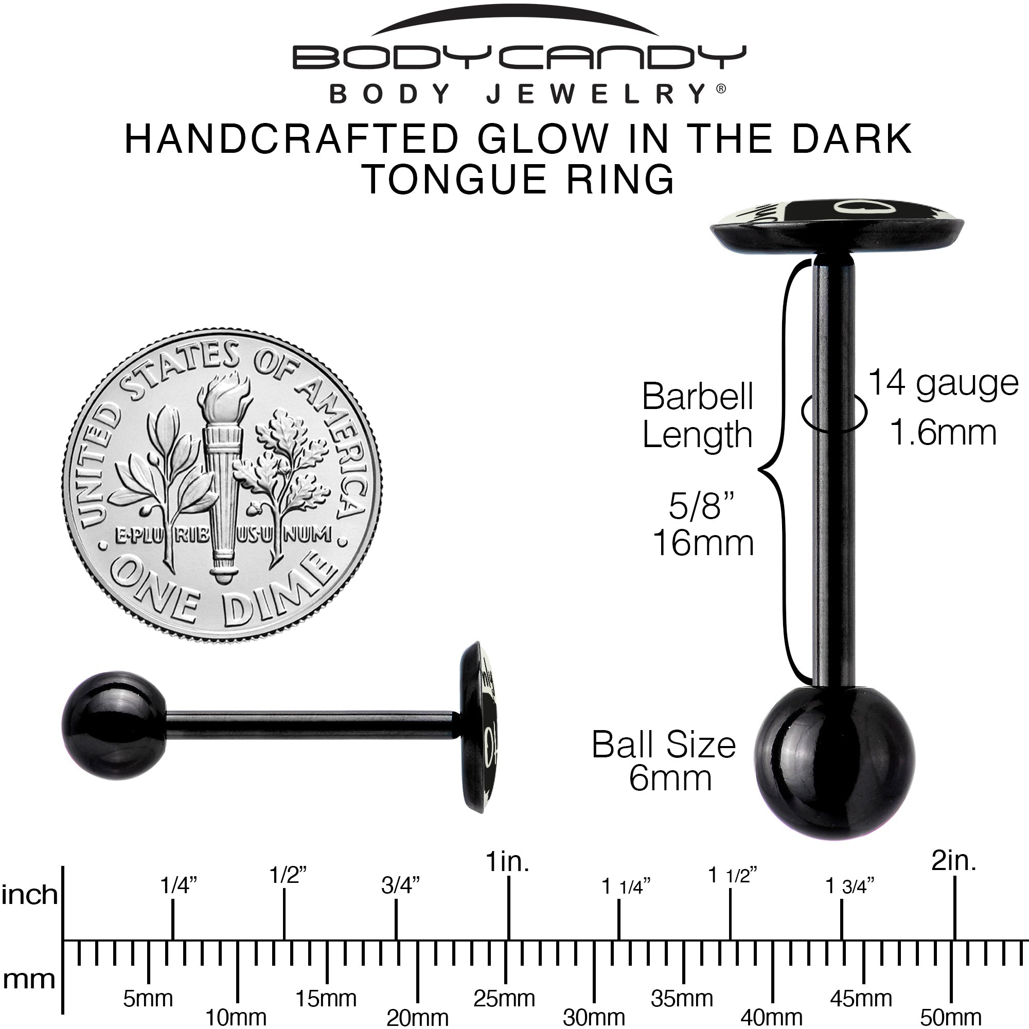 BodyCandy Glow in the Dark Black Anodized Only in Ohio Barbell Tongue Ring by Onyx O — in-use photo