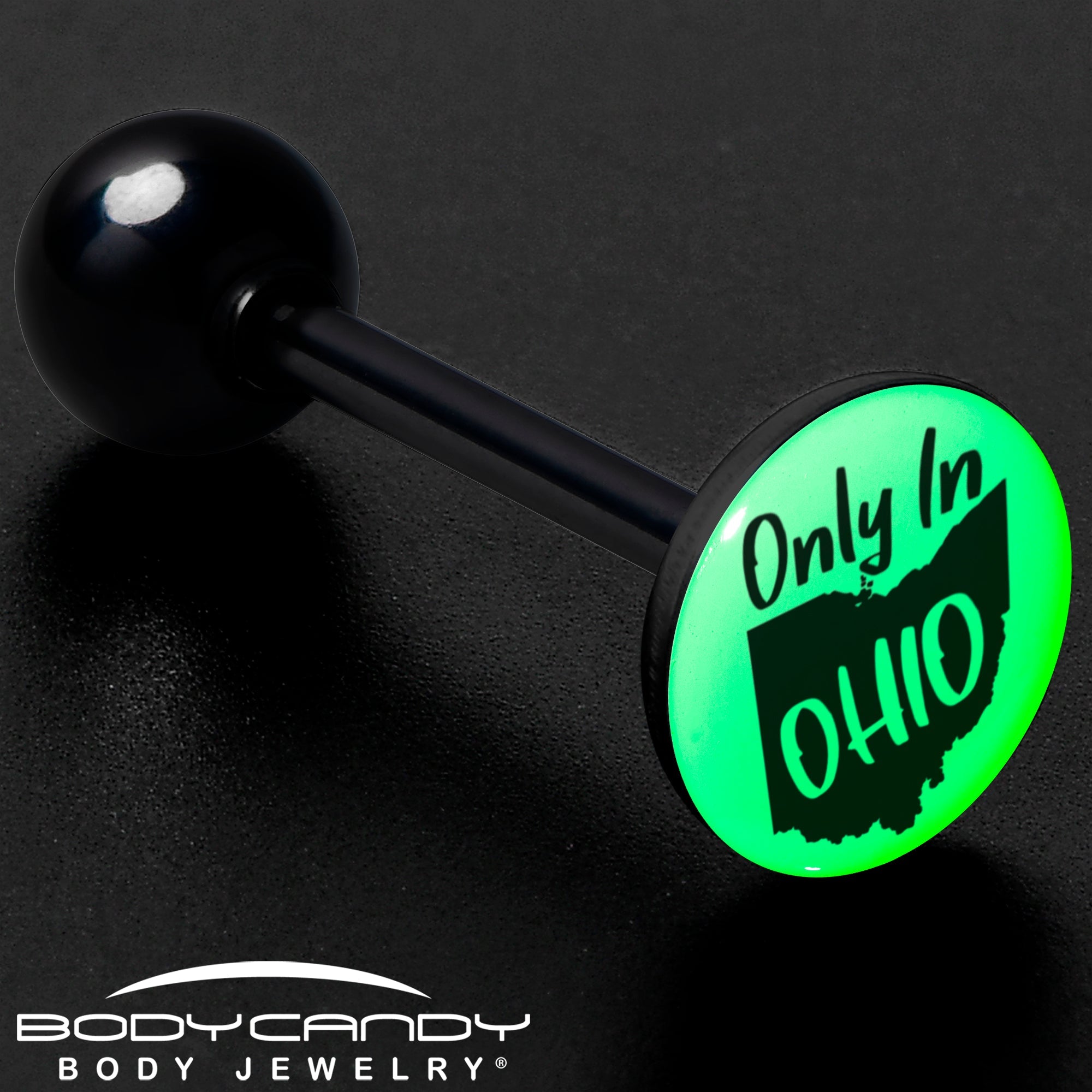 BodyCandy Glow in the Dark Black Anodized Only in Ohio Barbell Tongue Ring by Onyx O — size reference
