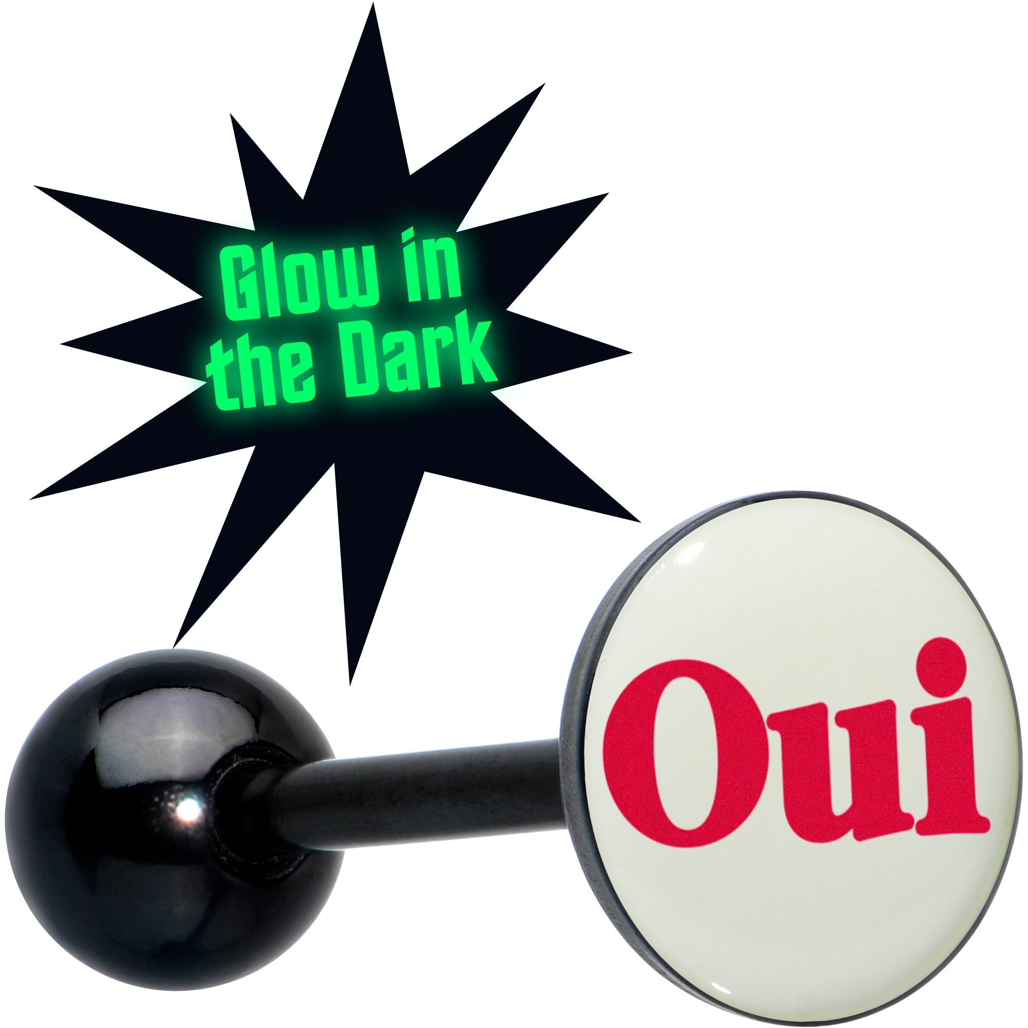 BodyCandy Glow in the Dark Black Anodized OUI Barbell Tongue Ring by Onyx O — main product shot