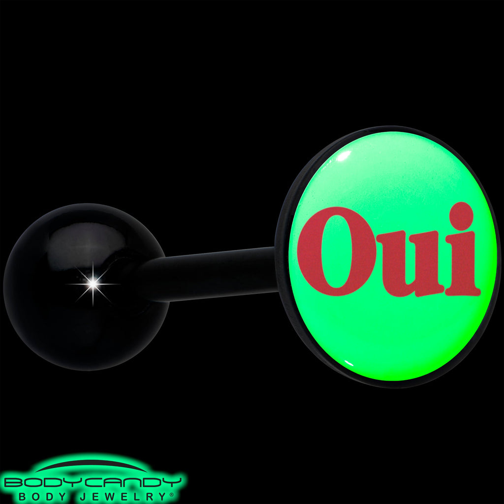 BodyCandy Glow in the Dark Black Anodized OUI Barbell Tongue Ring by Onyx O — alternative angle