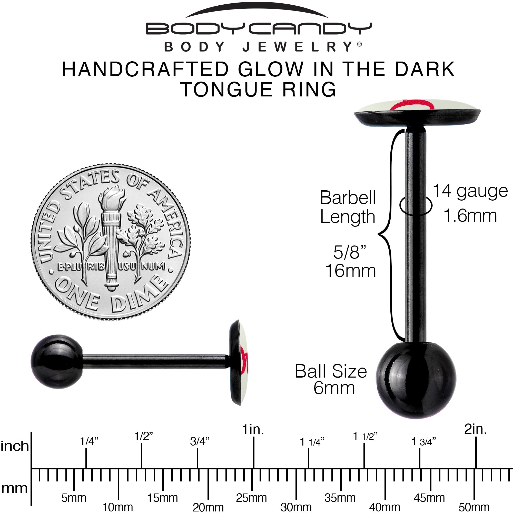 BodyCandy Glow in the Dark Black Anodized OUI Barbell Tongue Ring by Onyx O — in-use photo