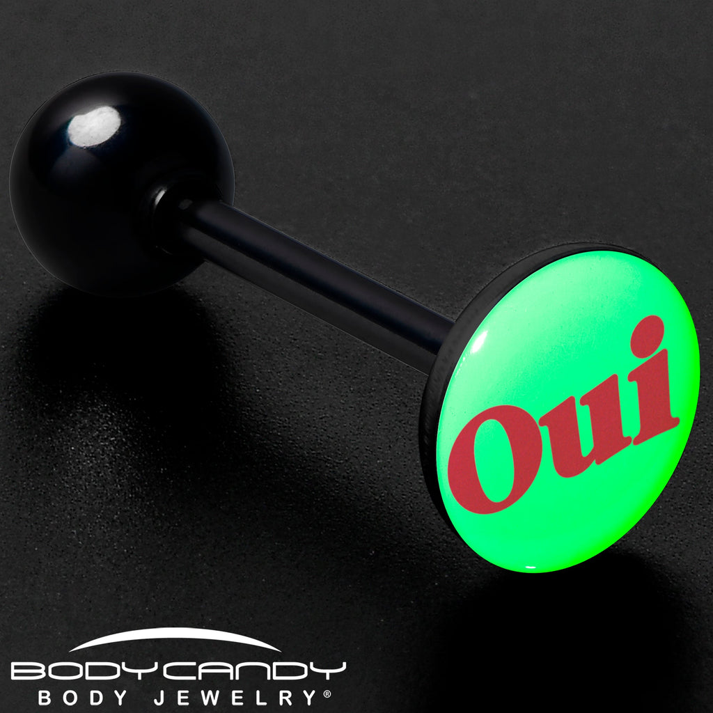 BodyCandy Glow in the Dark Black Anodized OUI Barbell Tongue Ring by Onyx O — size reference