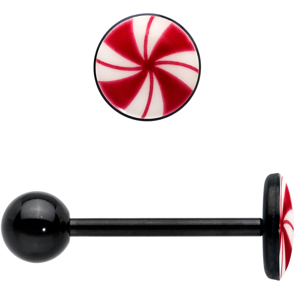 BodyCandy Glow in the Dark Black Anodized Holiday Peppermint Candy Barbell Tongue Ring by Onyx O — back view