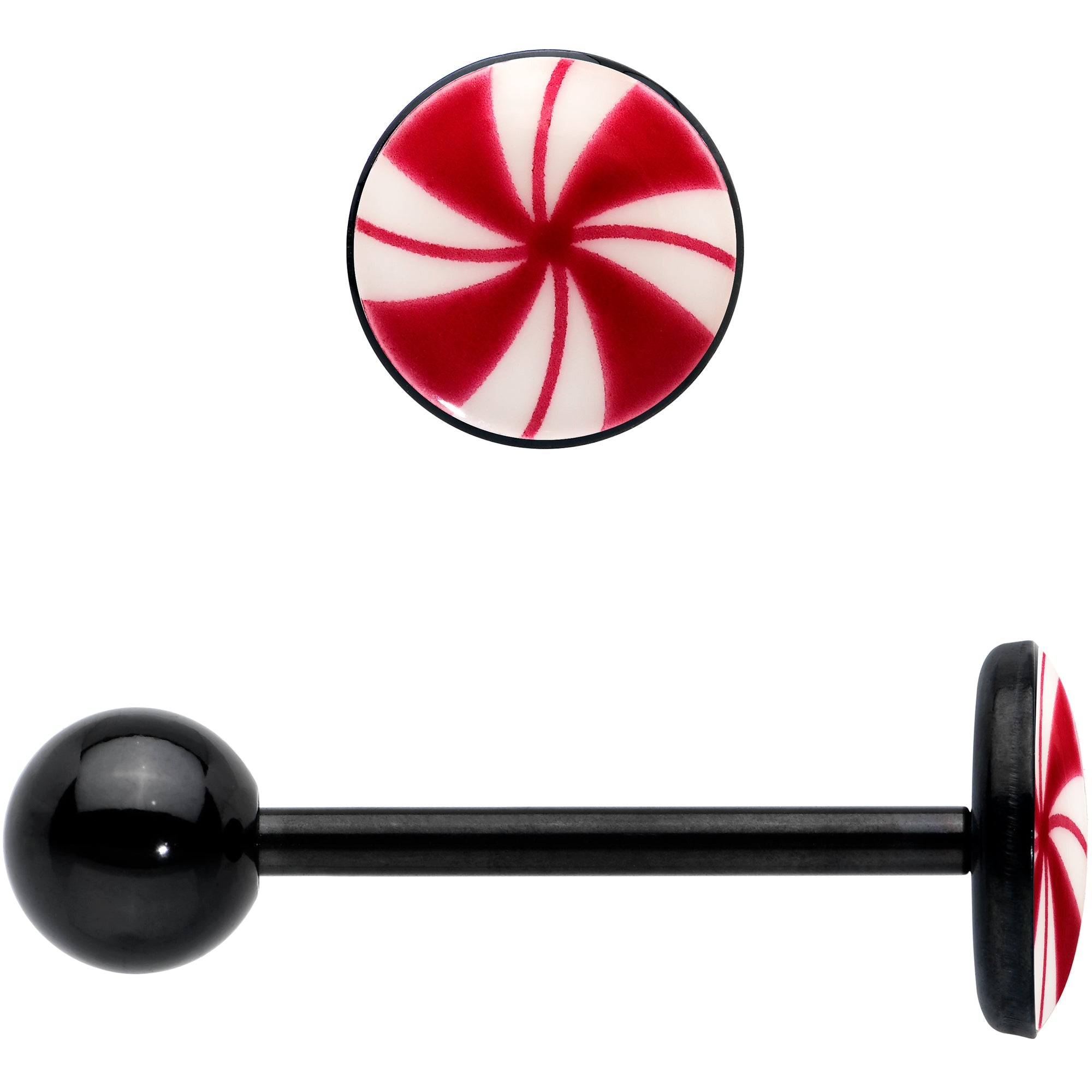 BodyCandy Glow in the Dark Black Anodized Holiday Peppermint Candy Barbell Tongue Ring by Onyx O — back view