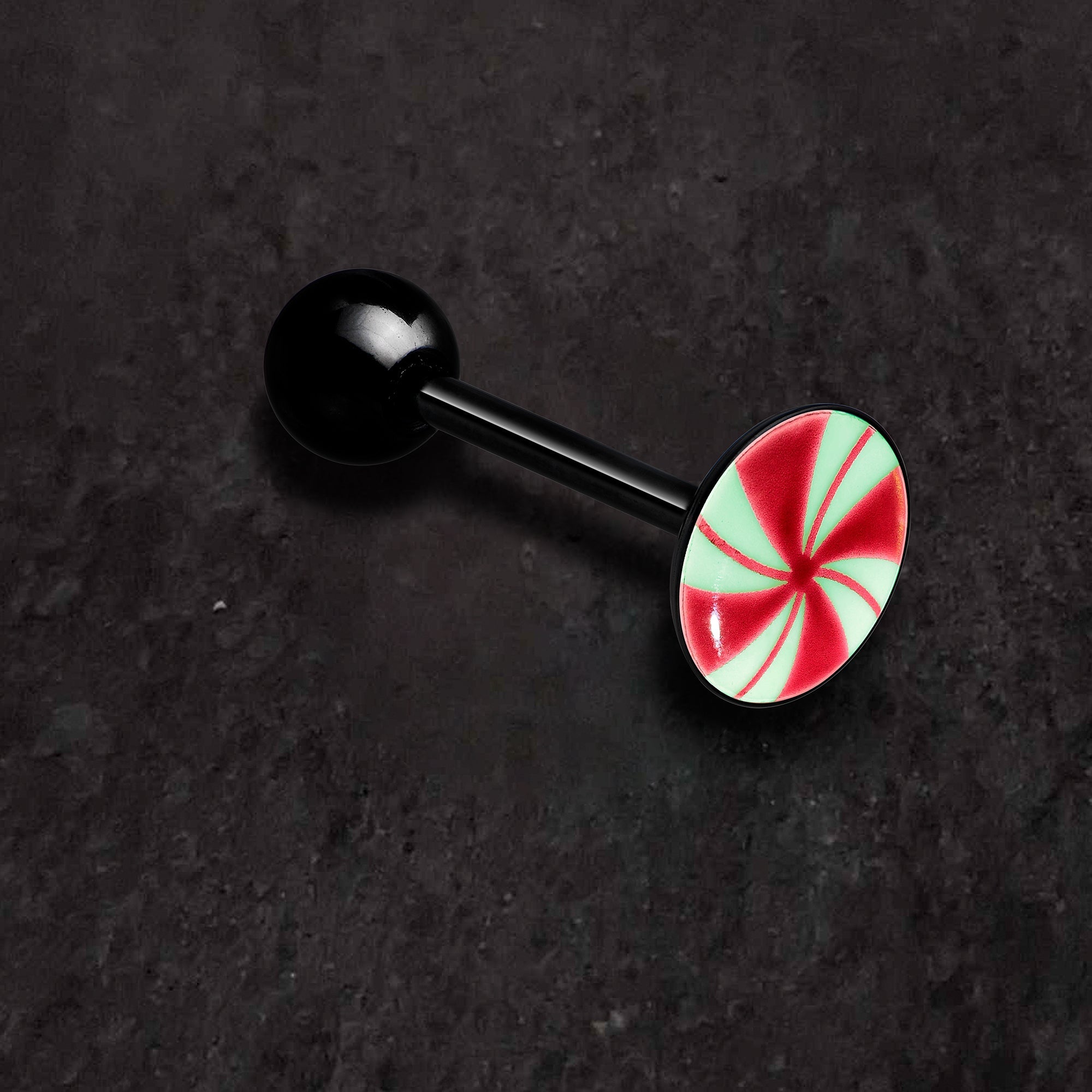 BodyCandy Glow in the Dark Black Anodized Holiday Peppermint Candy Barbell Tongue Ring by Onyx O — side view