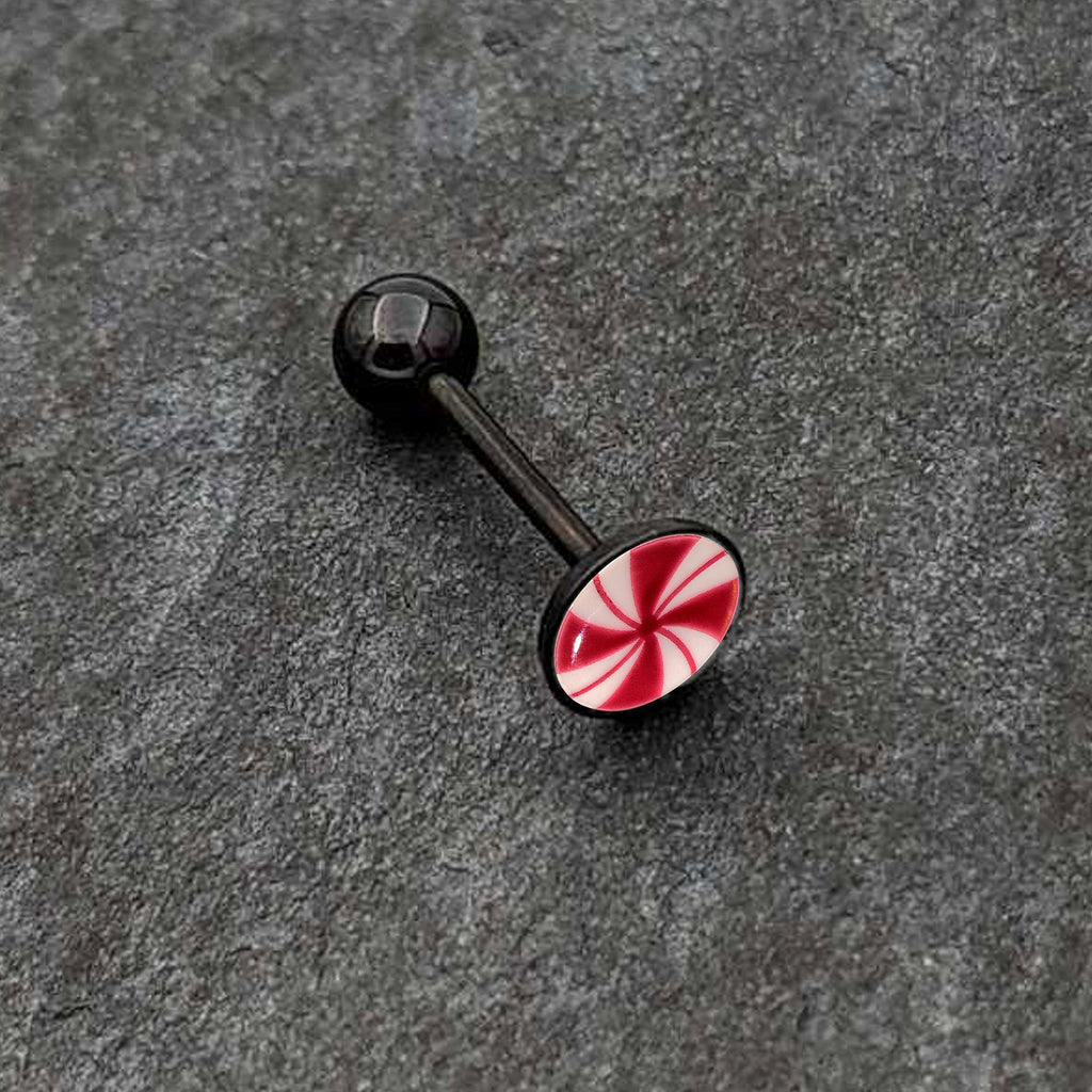 BodyCandy Glow in the Dark Black Anodized Holiday Peppermint Candy Barbell Tongue Ring by Onyx O — in-use photo