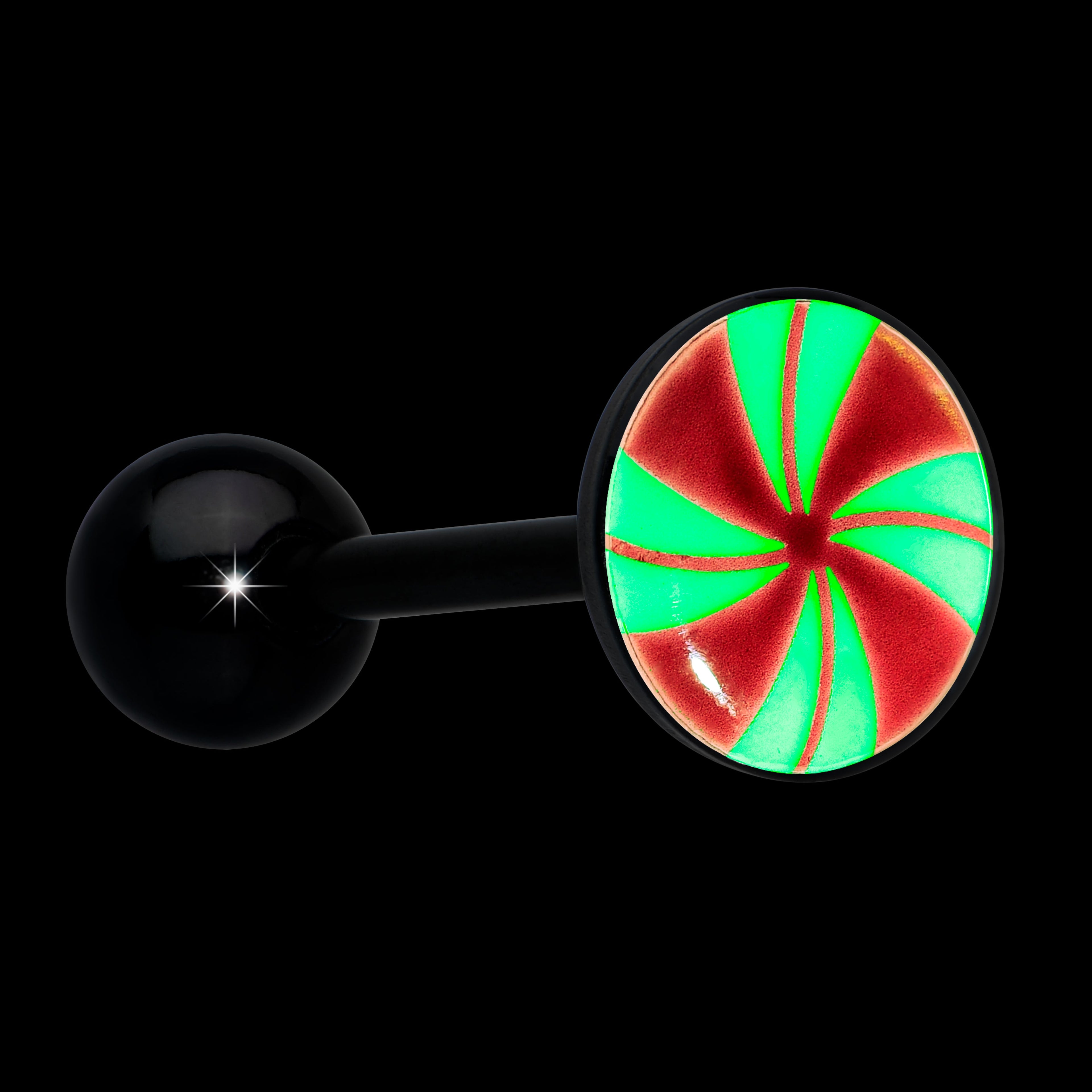 BodyCandy Glow in the Dark Black Anodized Holiday Peppermint Candy Barbell Tongue Ring by Onyx O — color detail