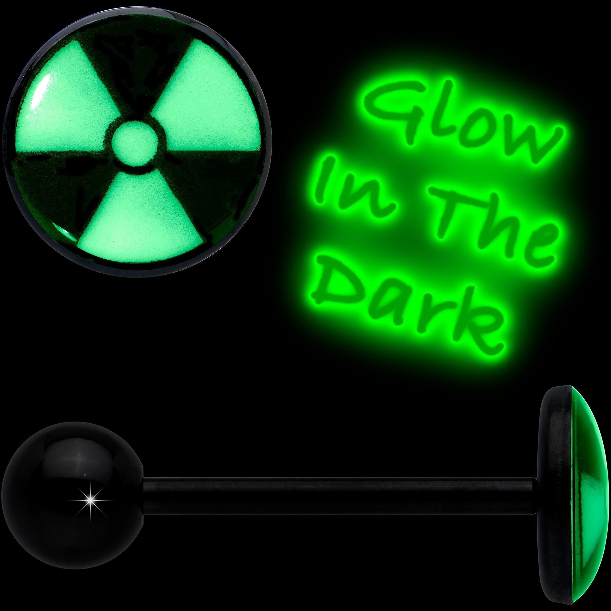 BodyCandy Glow in the Dark Black Anodized Radioactive Barbell Tongue Ring by Onyx O — detail close-up