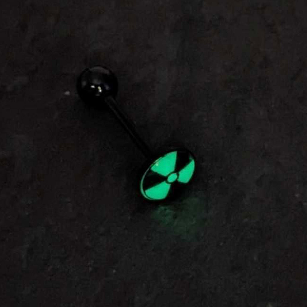 BodyCandy Glow in the Dark Black Anodized Radioactive Barbell Tongue Ring by Onyx O — back view