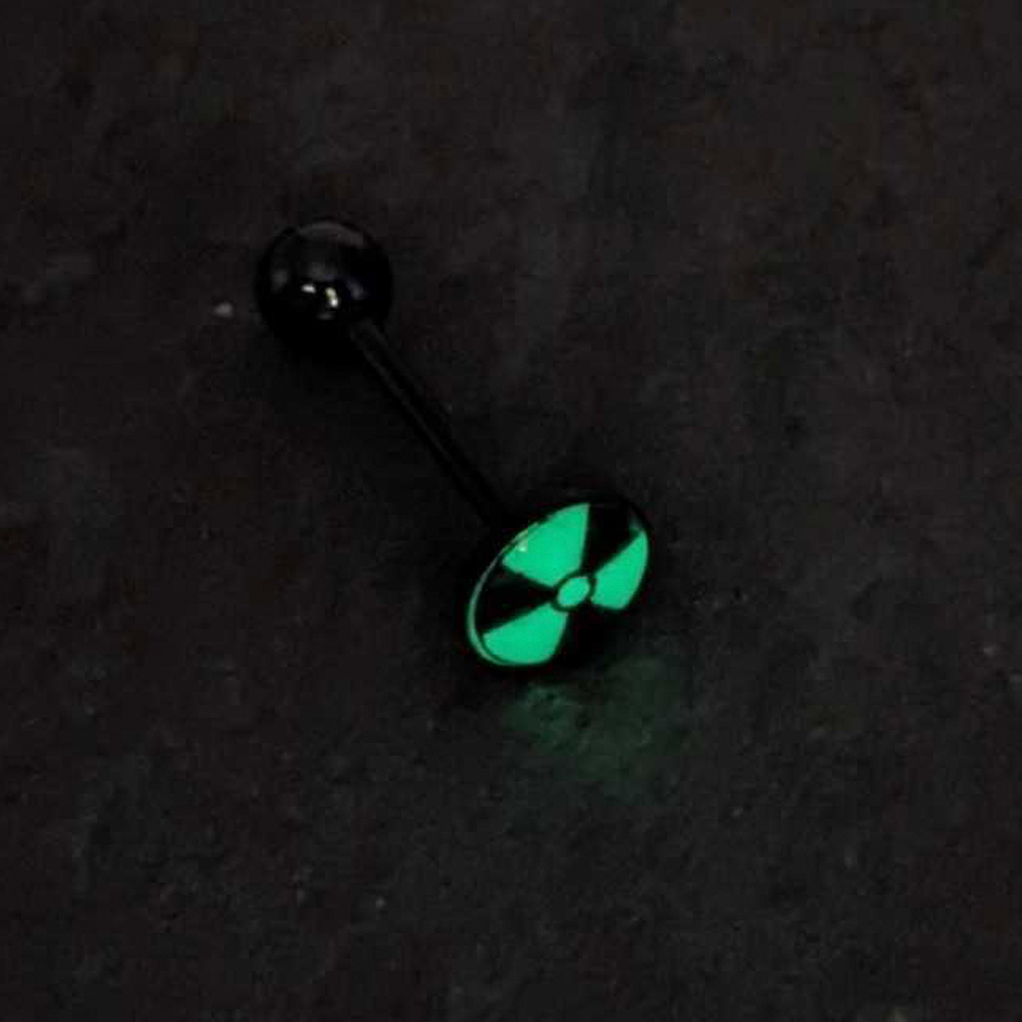 BodyCandy Glow in the Dark Black Anodized Radioactive Barbell Tongue Ring by Onyx O — back view