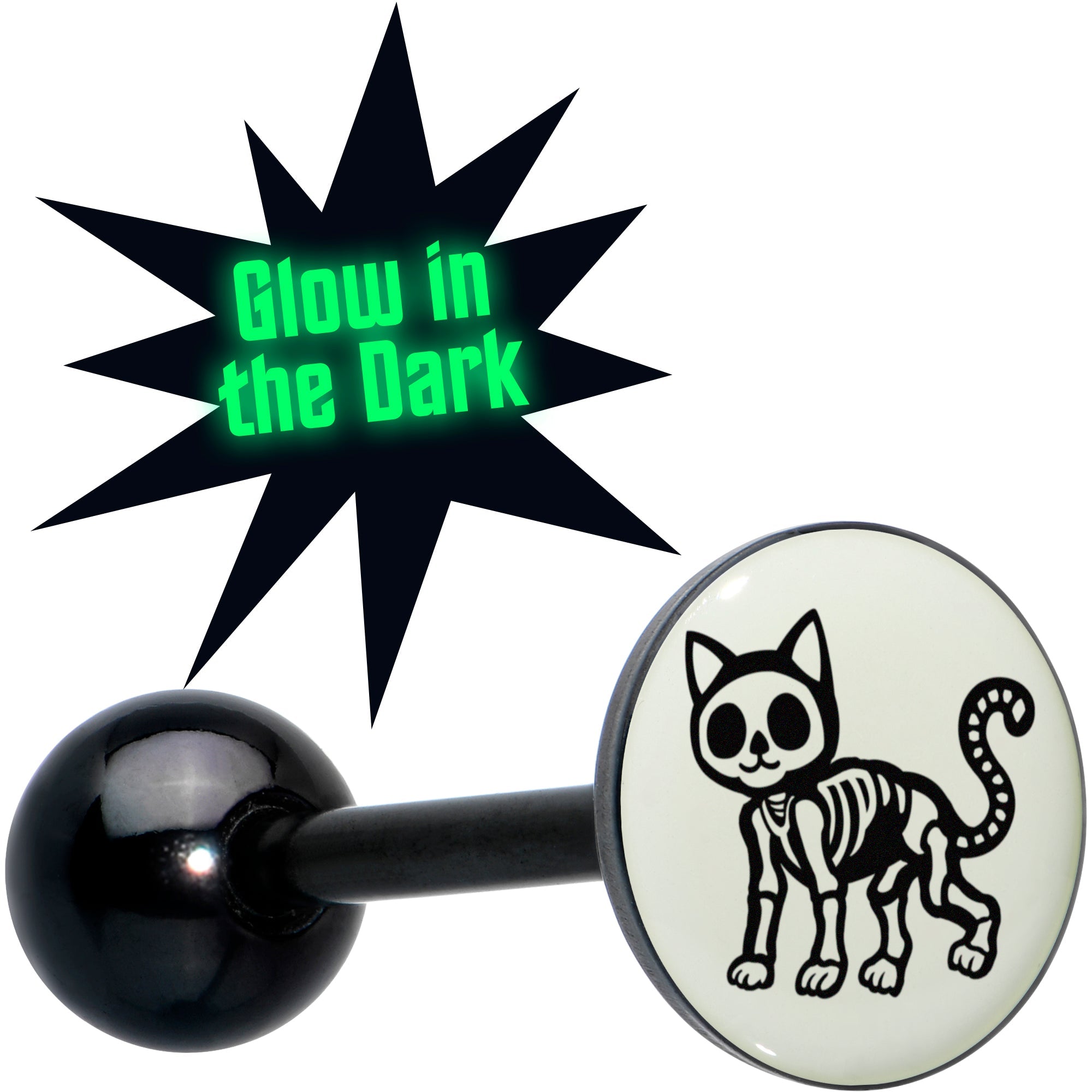 BodyCandy Glow in the Dark Black Anodized Skeleton Kitty Cat Barbell Tongue Ring by Onyx O — main product shot