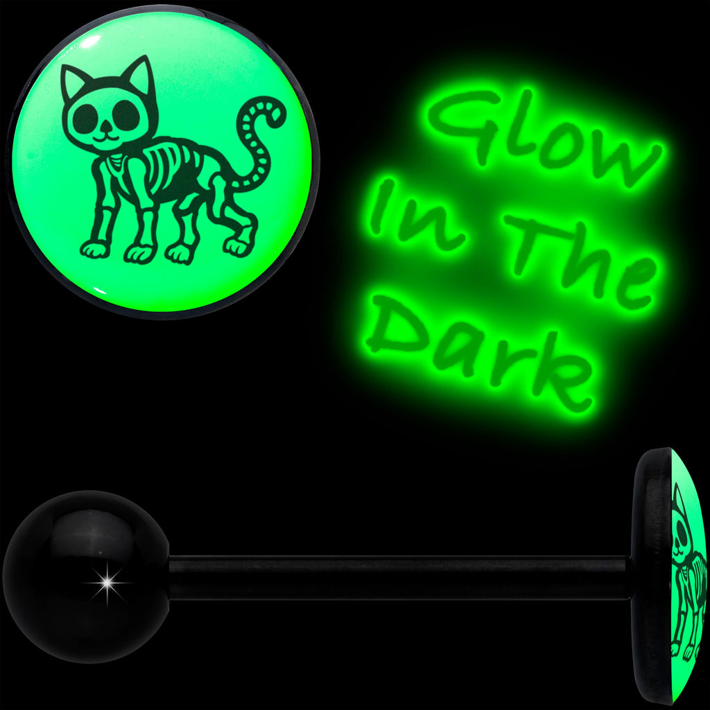 BodyCandy Glow in the Dark Black Anodized Skeleton Kitty Cat Barbell Tongue Ring by Onyx O — detail close-up