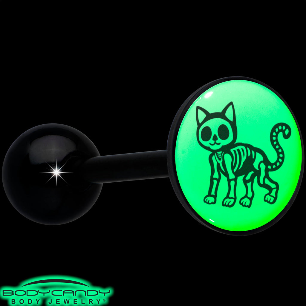 BodyCandy Glow in the Dark Black Anodized Skeleton Kitty Cat Barbell Tongue Ring by Onyx O — alternative angle