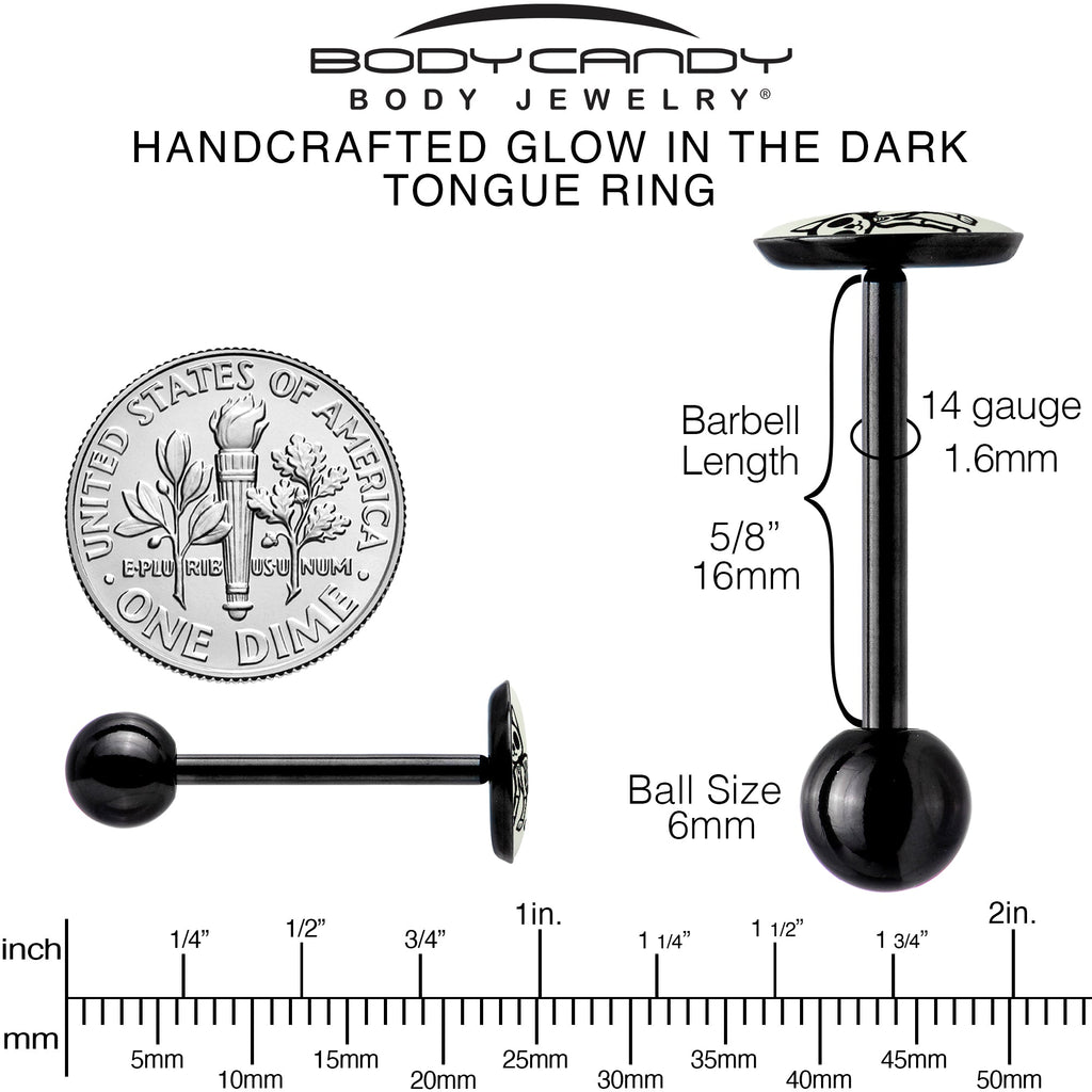 BodyCandy Glow in the Dark Black Anodized Skeleton Kitty Cat Barbell Tongue Ring by Onyx O — in-use photo