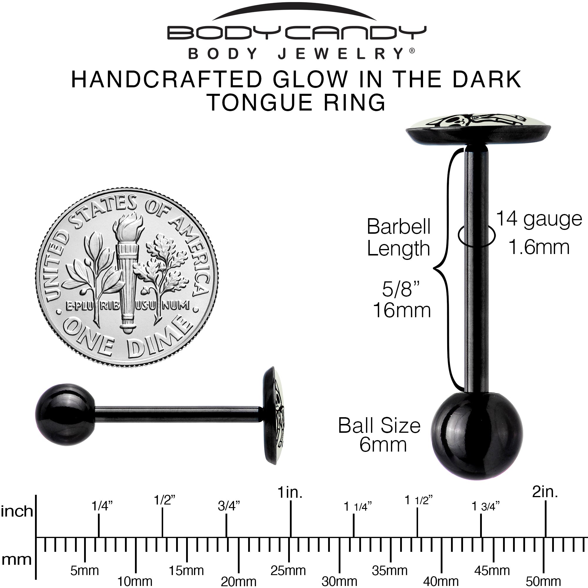 BodyCandy Glow in the Dark Black Anodized Skeleton Kitty Cat Barbell Tongue Ring by Onyx O — in-use photo