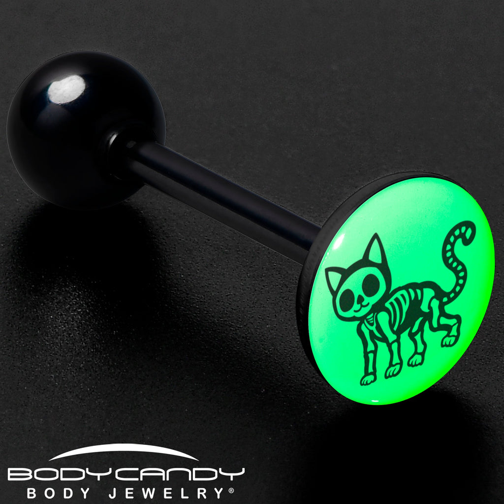 BodyCandy Glow in the Dark Black Anodized Skeleton Kitty Cat Barbell Tongue Ring by Onyx O — size reference