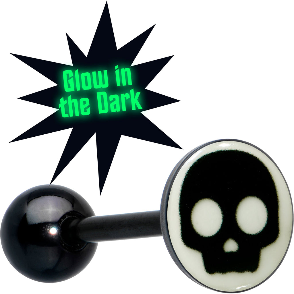 BodyCandy Glow in the Dark Black Anodized Simple Skull Barbell Tongue Ring by Onyx O — main product shot