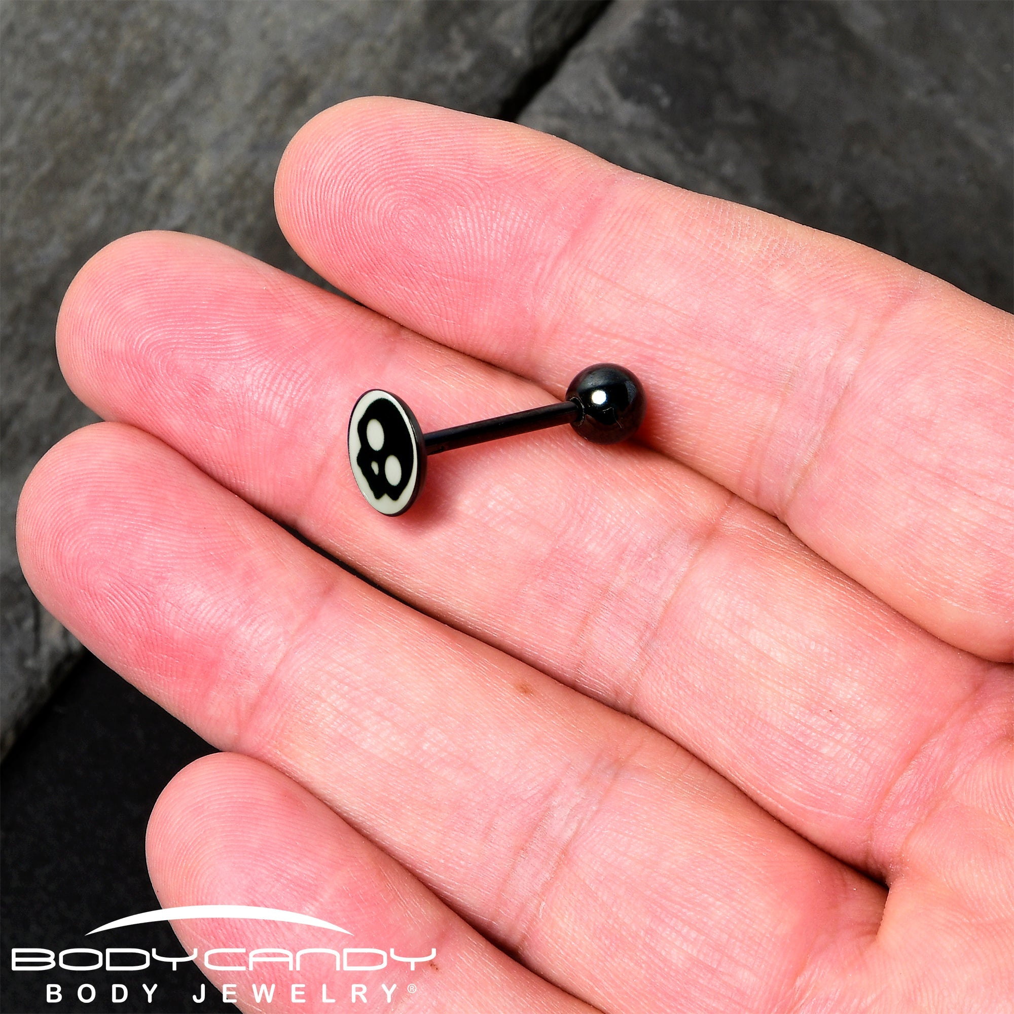 BodyCandy Glow in the Dark Black Anodized Simple Skull Barbell Tongue Ring by Onyx O — side view