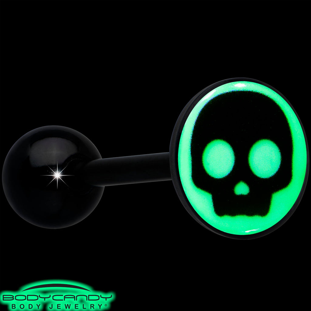 BodyCandy Glow in the Dark Black Anodized Simple Skull Barbell Tongue Ring by Onyx O — alternative angle
