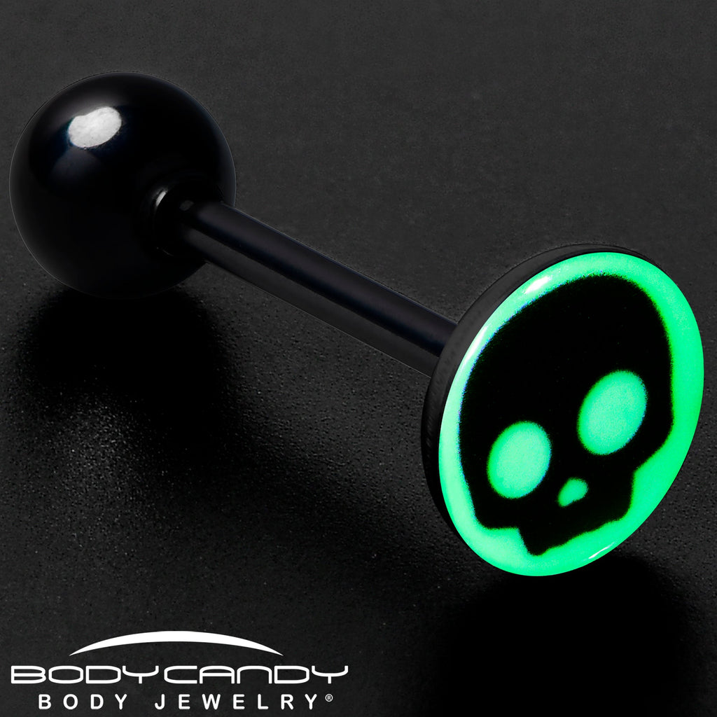BodyCandy Glow in the Dark Black Anodized Simple Skull Barbell Tongue Ring by Onyx O — size reference