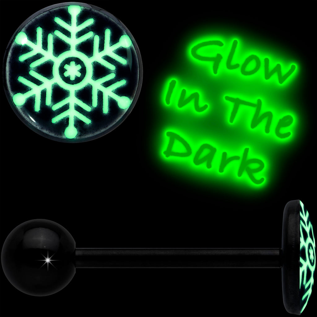 BodyCandy Black Glow in the Dark Holiday Snowflake Tongue Ring by Onyx O — detail close-up