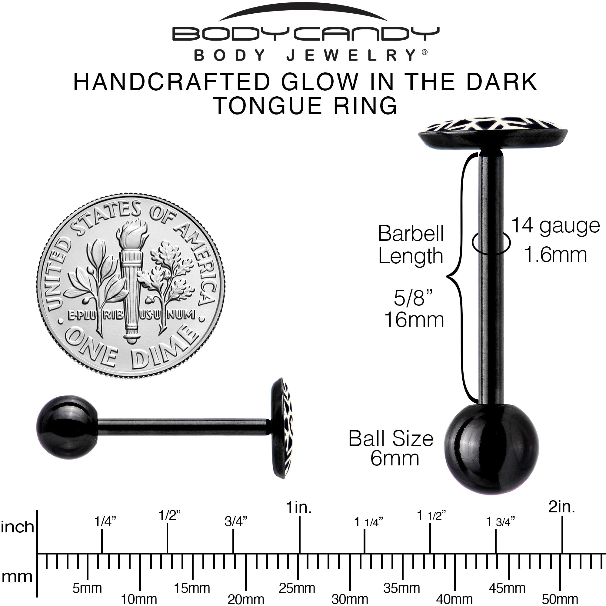 BodyCandy Black Glow in the Dark Holiday Snowflake Tongue Ring by Onyx O — in-use photo
