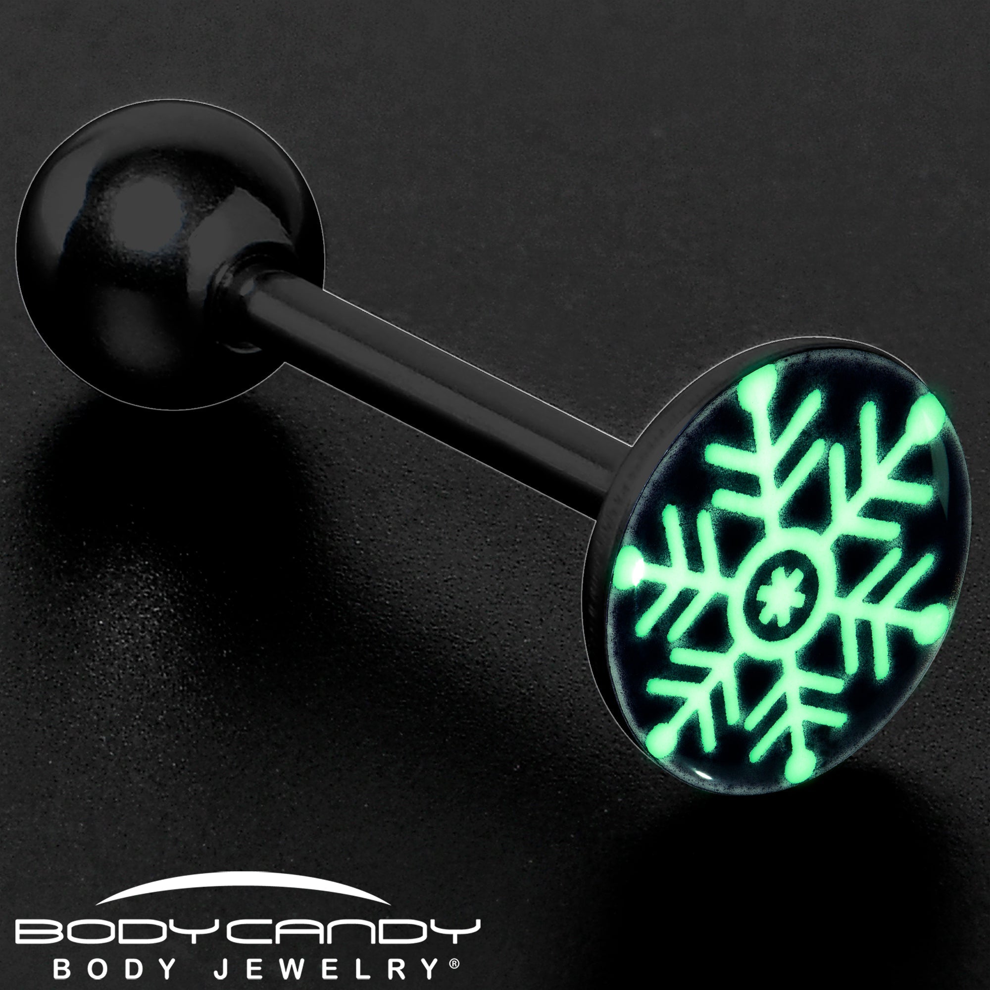 BodyCandy Black Glow in the Dark Holiday Snowflake Tongue Ring by Onyx O — size reference