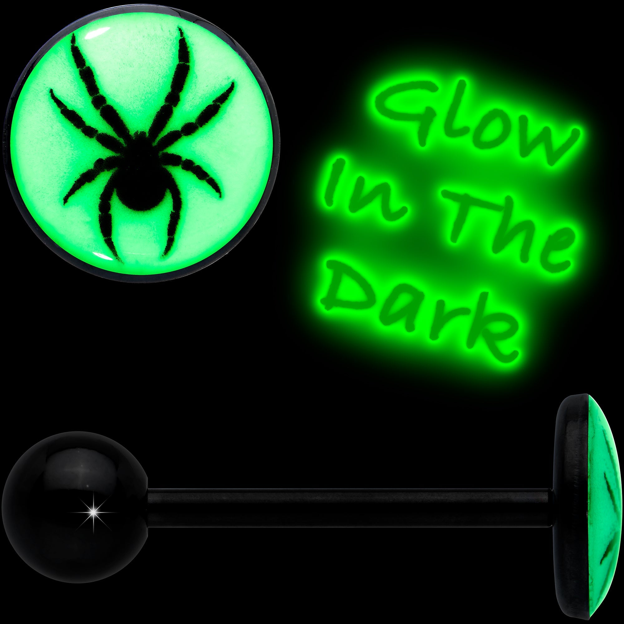 BodyCandy Glow in the Dark Black Anodized Black Widow Spider Barbell Tongue Ring by Onyx O — detail close-up