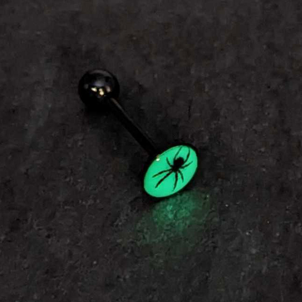 BodyCandy Glow in the Dark Black Anodized Black Widow Spider Barbell Tongue Ring by Onyx O — back view