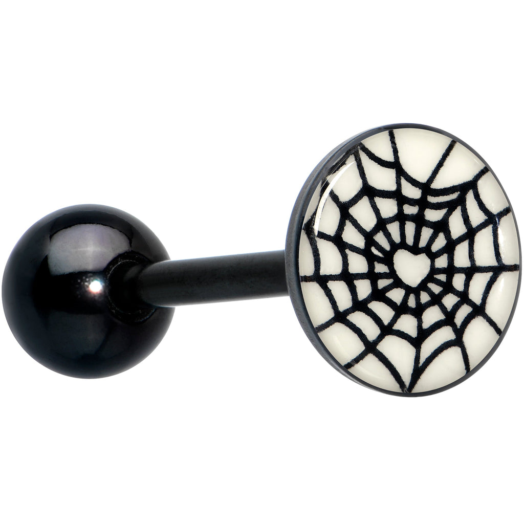 BodyCandy Black Glow in the Dark Heart Spider Web Barbell Tongue Ring by Onyx O — size reference