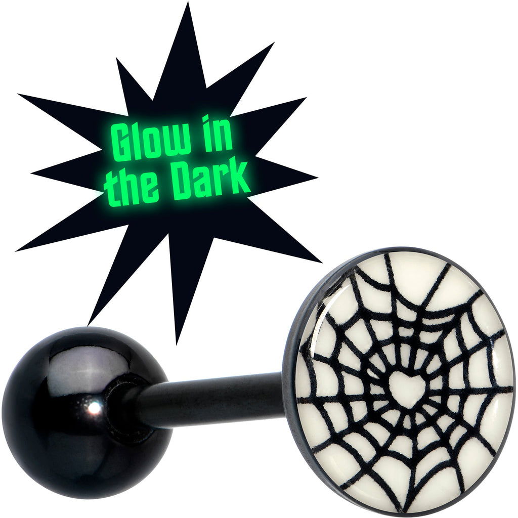 BodyCandy Black Glow in the Dark Heart Spider Web Barbell Tongue Ring by Onyx O — main product shot