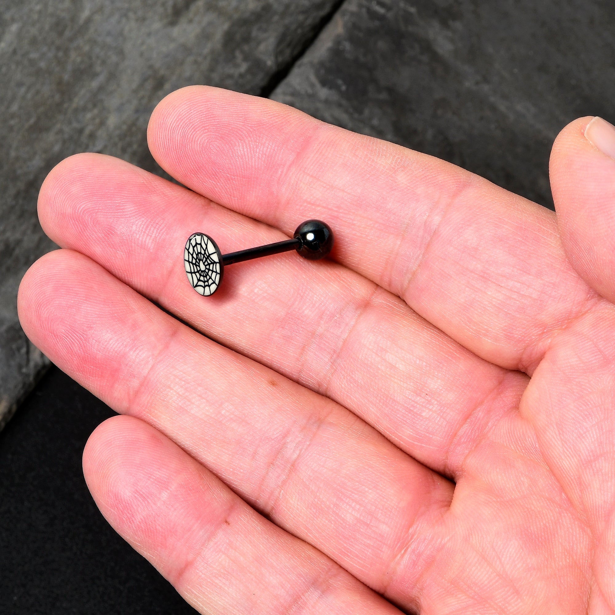 BodyCandy Black Glow in the Dark Heart Spider Web Barbell Tongue Ring by Onyx O — back view