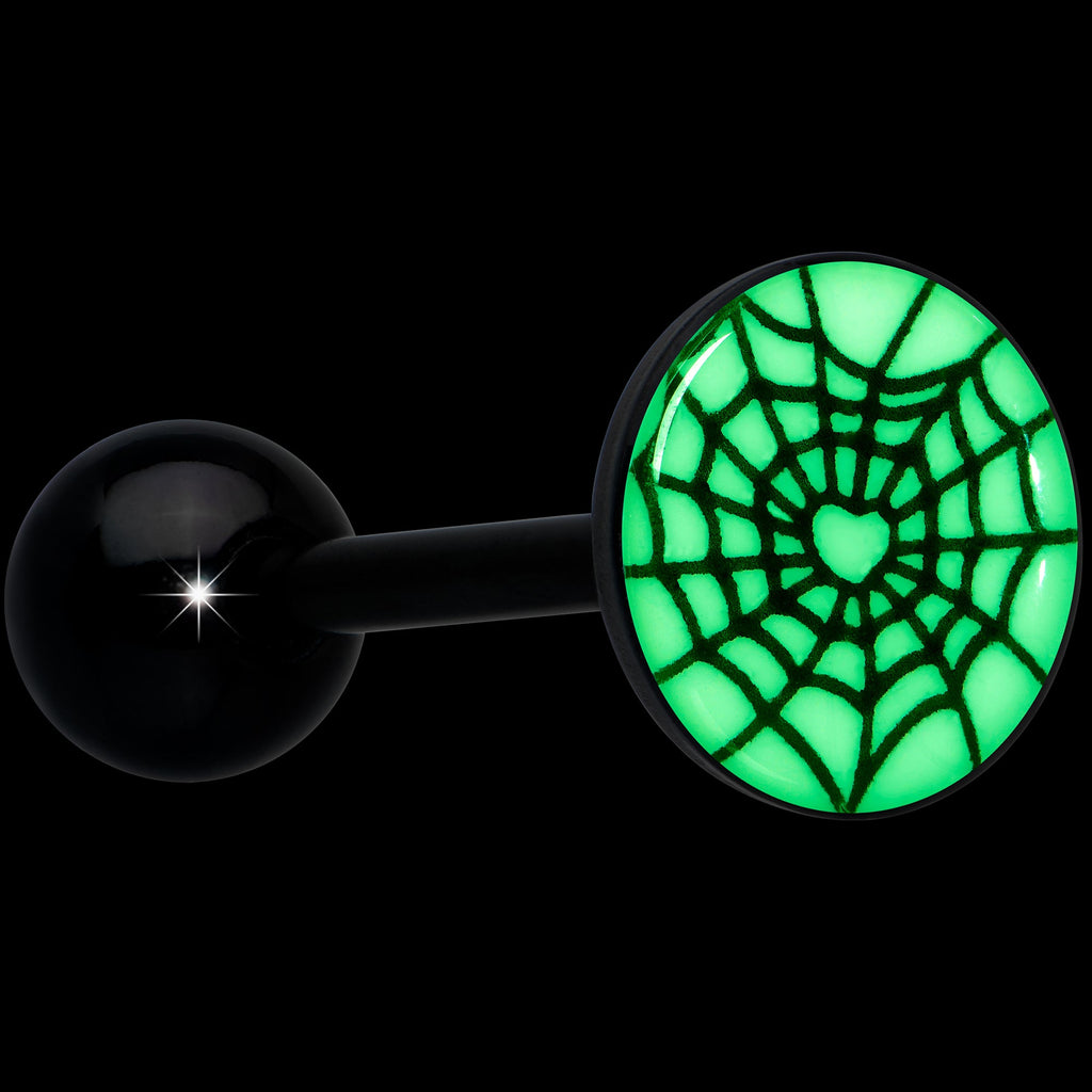 BodyCandy Black Glow in the Dark Heart Spider Web Barbell Tongue Ring by Onyx O — alternative angle