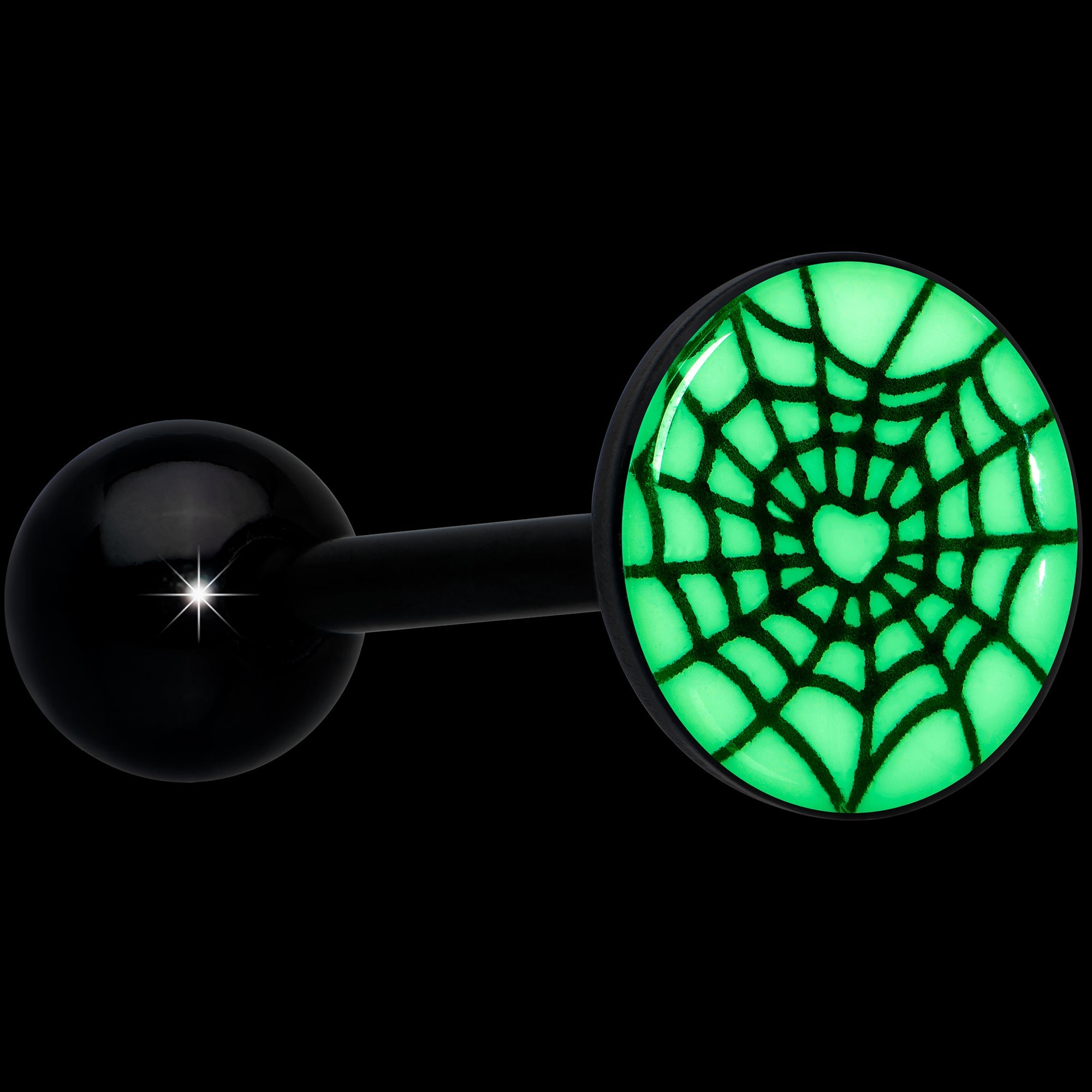 BodyCandy Black Glow in the Dark Heart Spider Web Barbell Tongue Ring by Onyx O — alternative angle