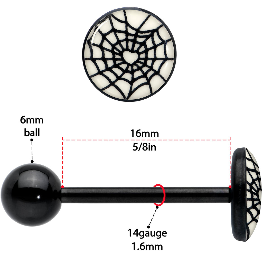 BodyCandy Black Glow in the Dark Heart Spider Web Barbell Tongue Ring by Onyx O — side view