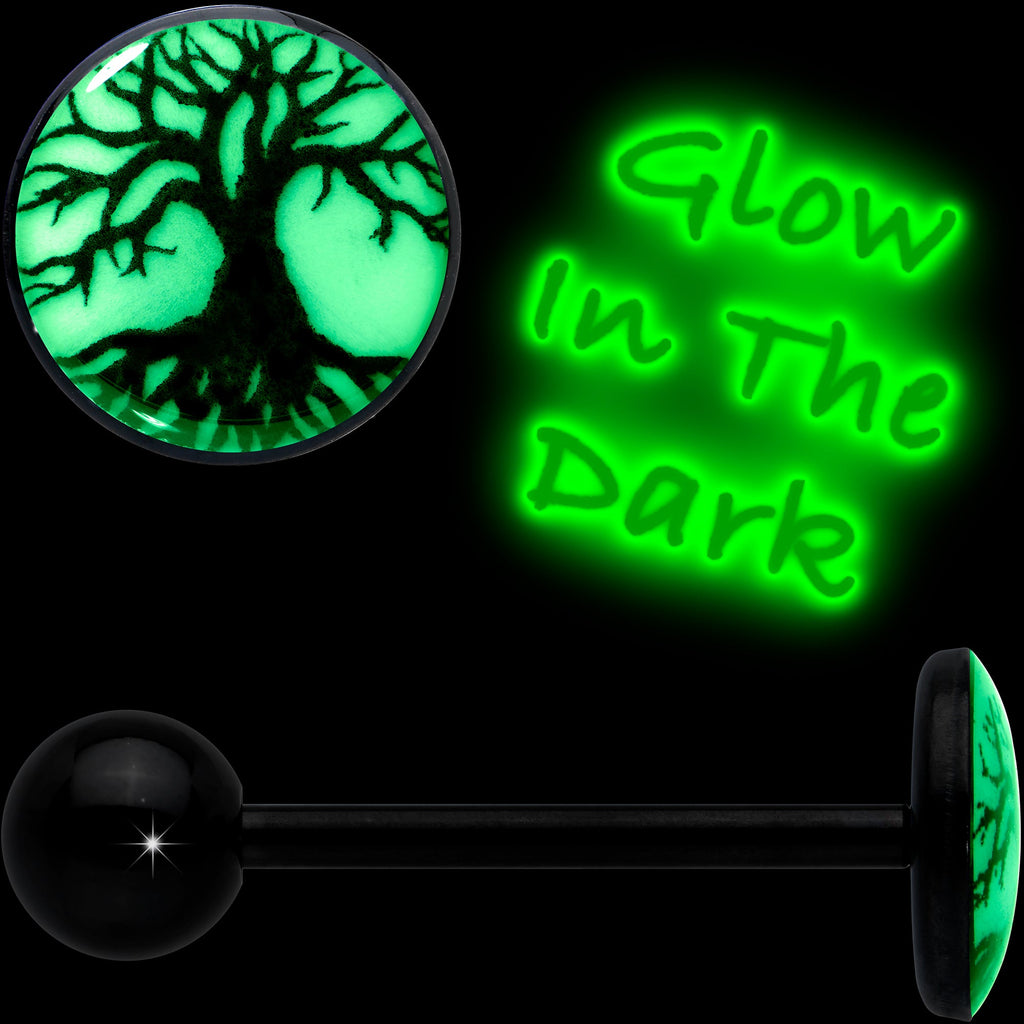 BodyCandy Glow in the Dark Black Anodized Tree of Life Barbell Tongue Ring by Onyx O — detail close-up