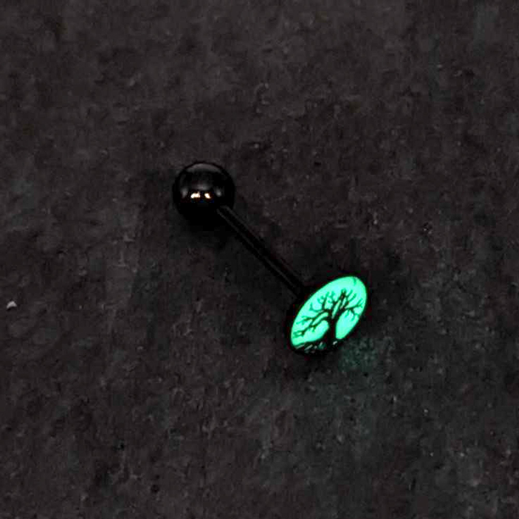 BodyCandy Glow in the Dark Black Anodized Tree of Life Barbell Tongue Ring by Onyx O — back view