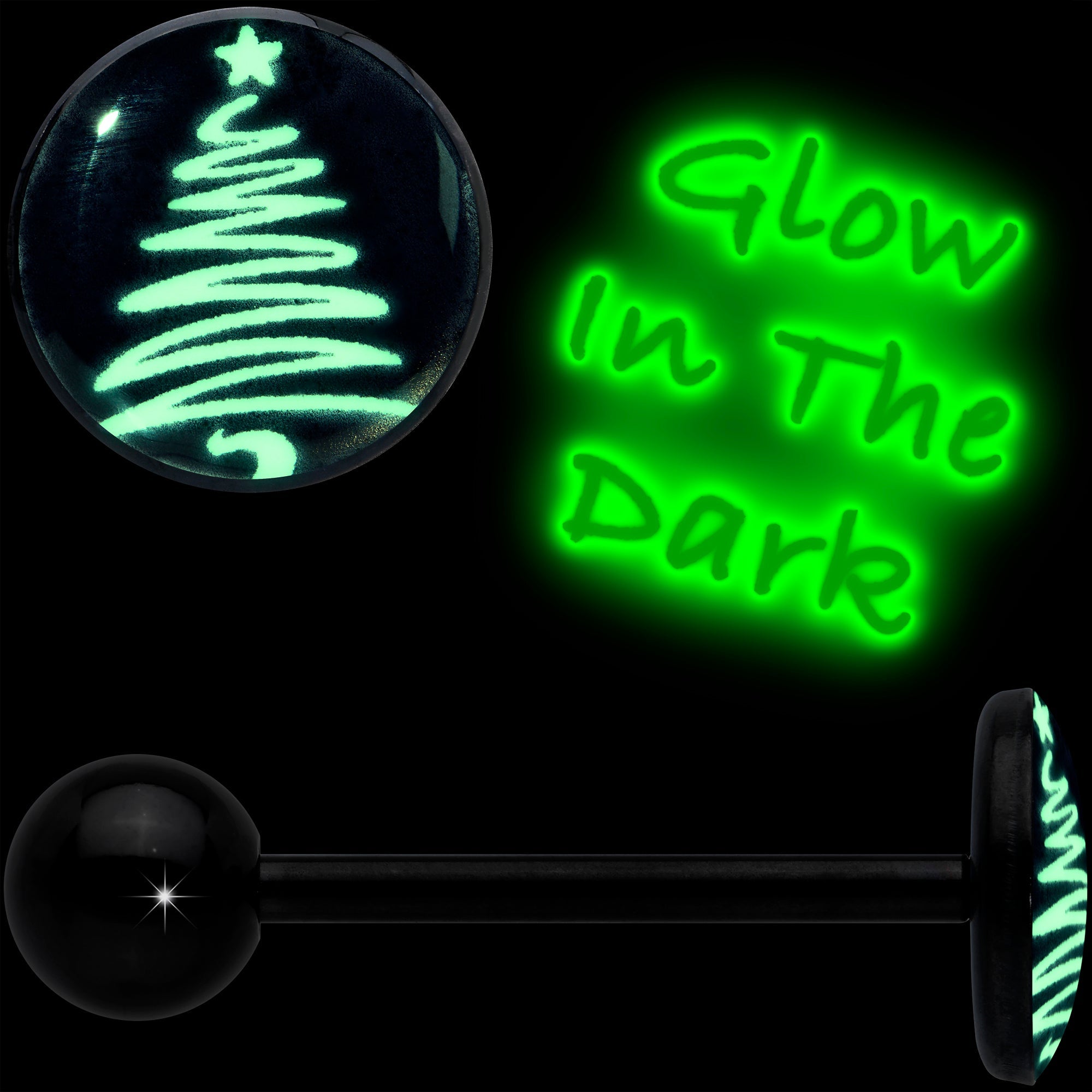 BodyCandy Black Glow in the Dark Holiday Christmas Tree Tongue Ring by Onyx O — detail close-up