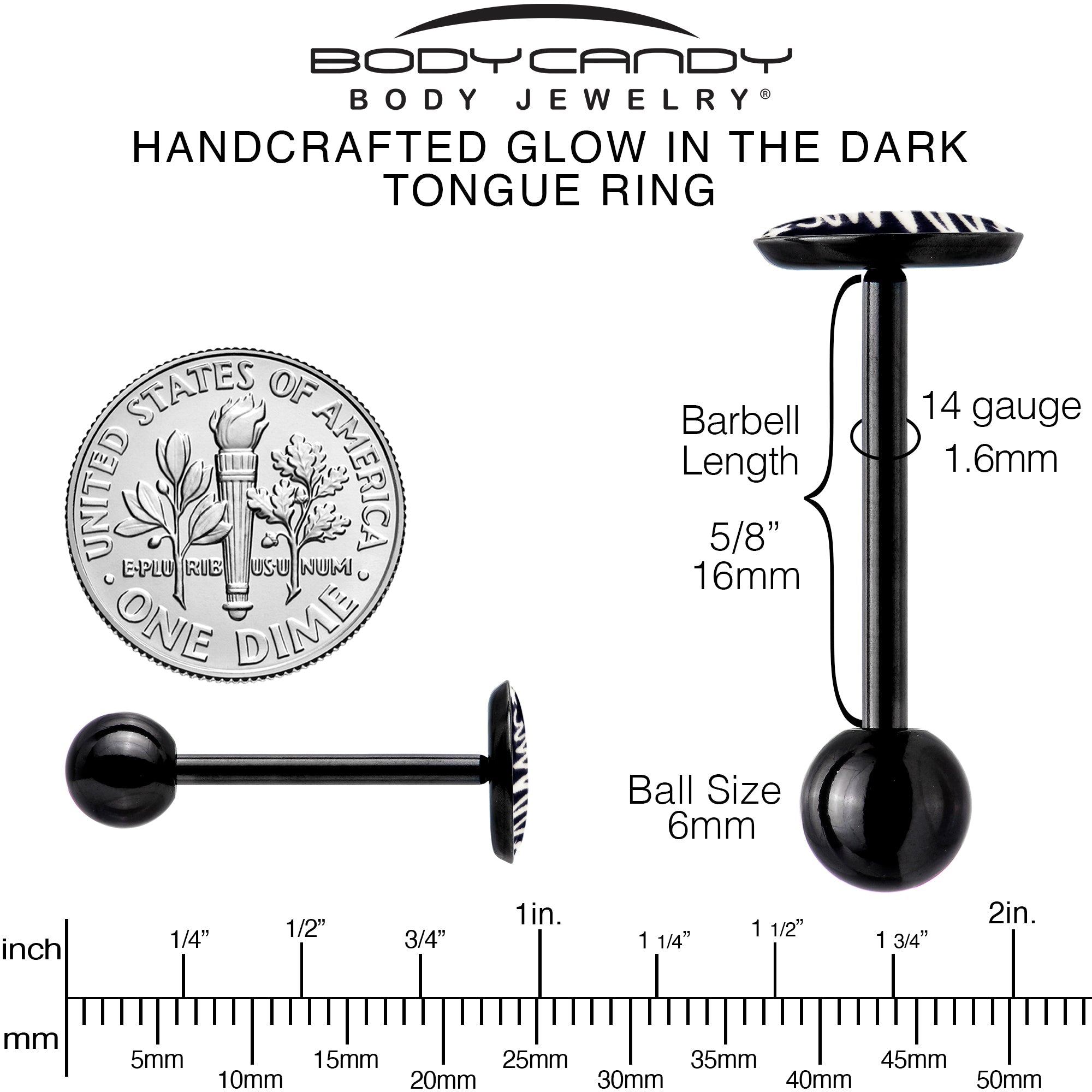 BodyCandy Black Glow in the Dark Holiday Christmas Tree Tongue Ring by Onyx O — in-use photo