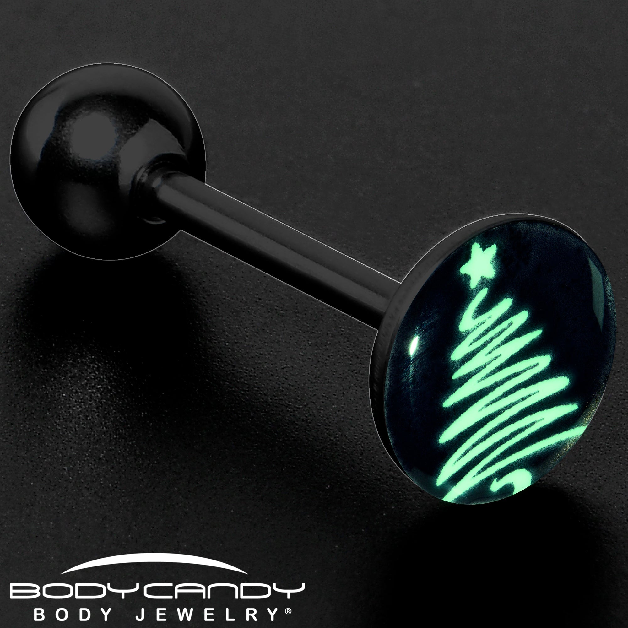 BodyCandy Black Glow in the Dark Holiday Christmas Tree Tongue Ring by Onyx O — size reference