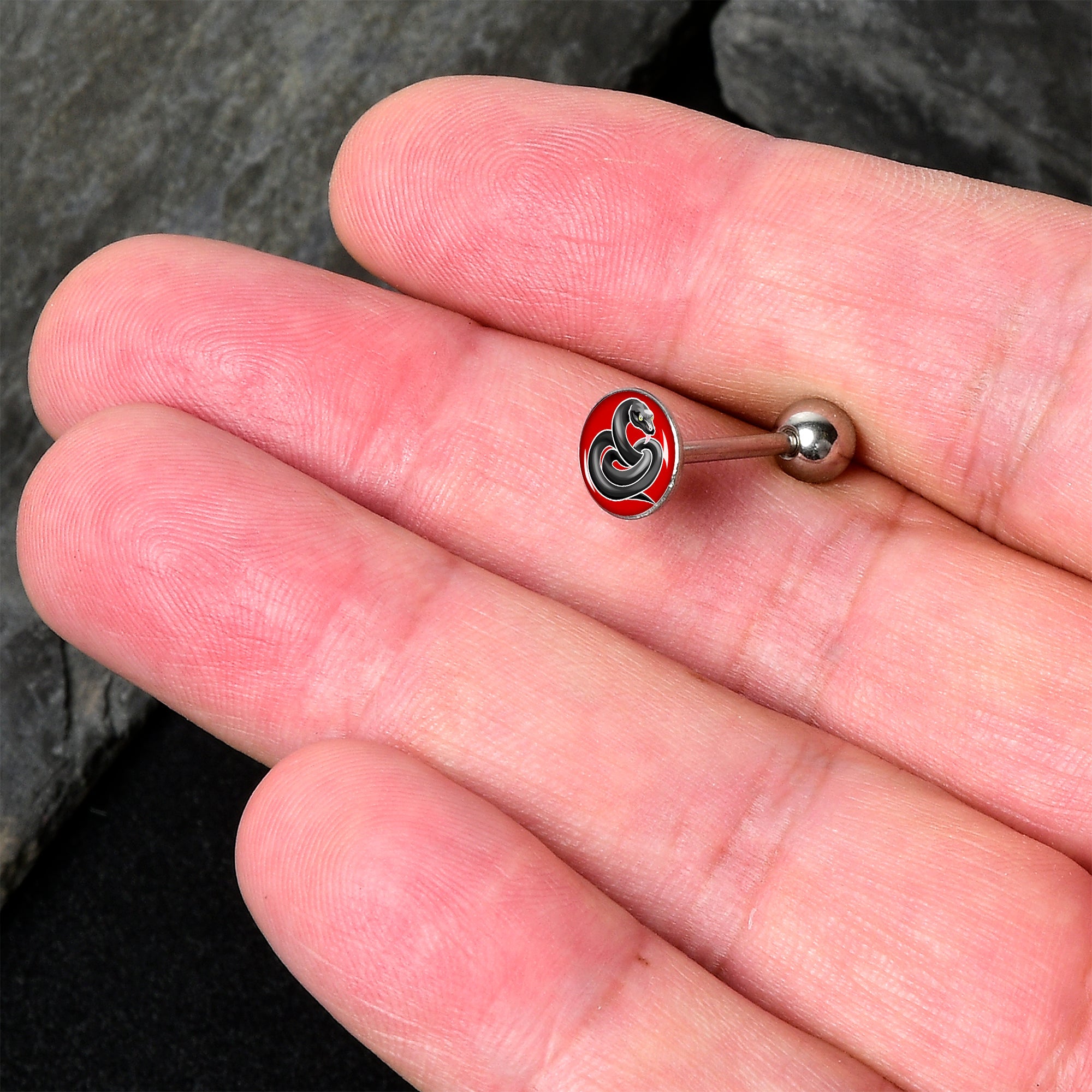 BodyCandy Black Snake Barbell Tongue Ring by Onyx O — detail close-up