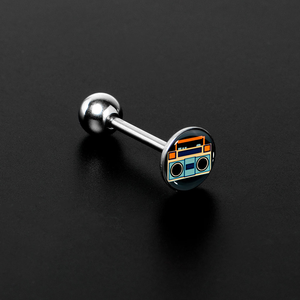 BodyCandy Retro Boombox Barbell Tongue Ring by Onyx O — detail close-up