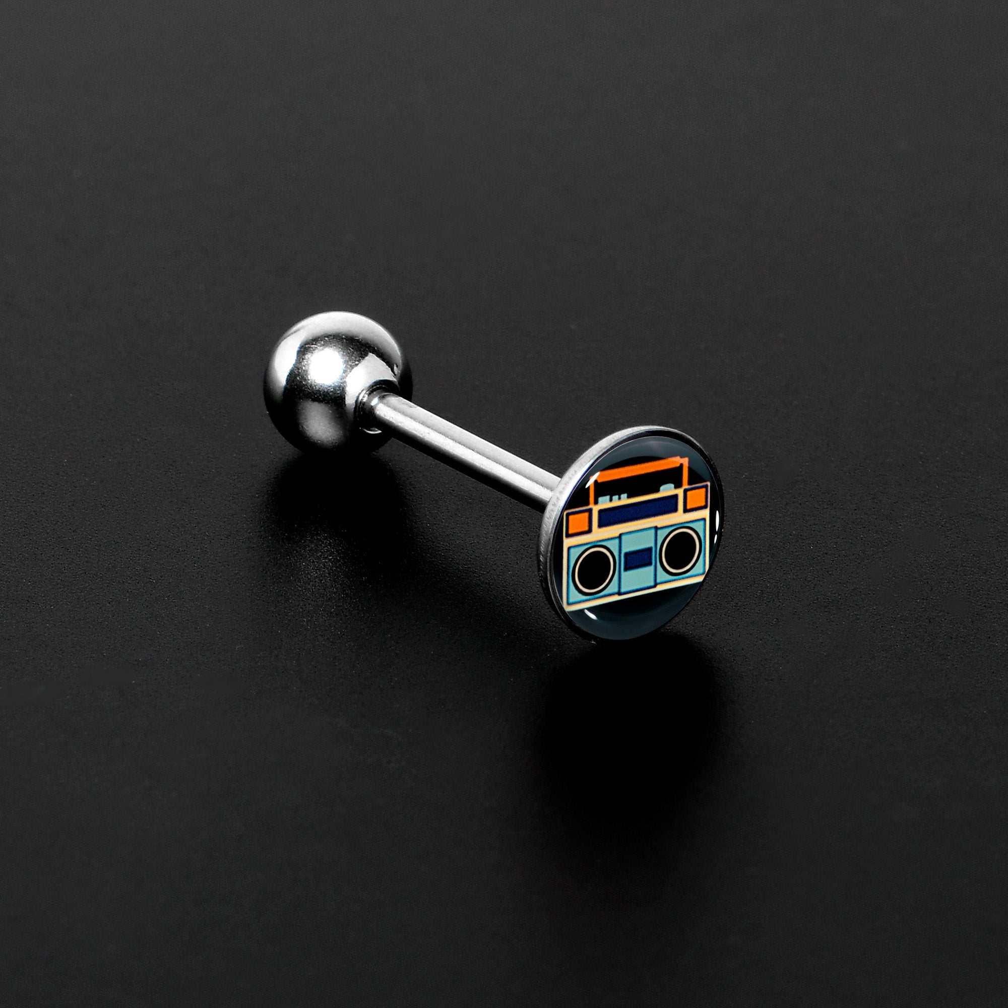 BodyCandy Retro Boombox Barbell Tongue Ring by Onyx O — detail close-up