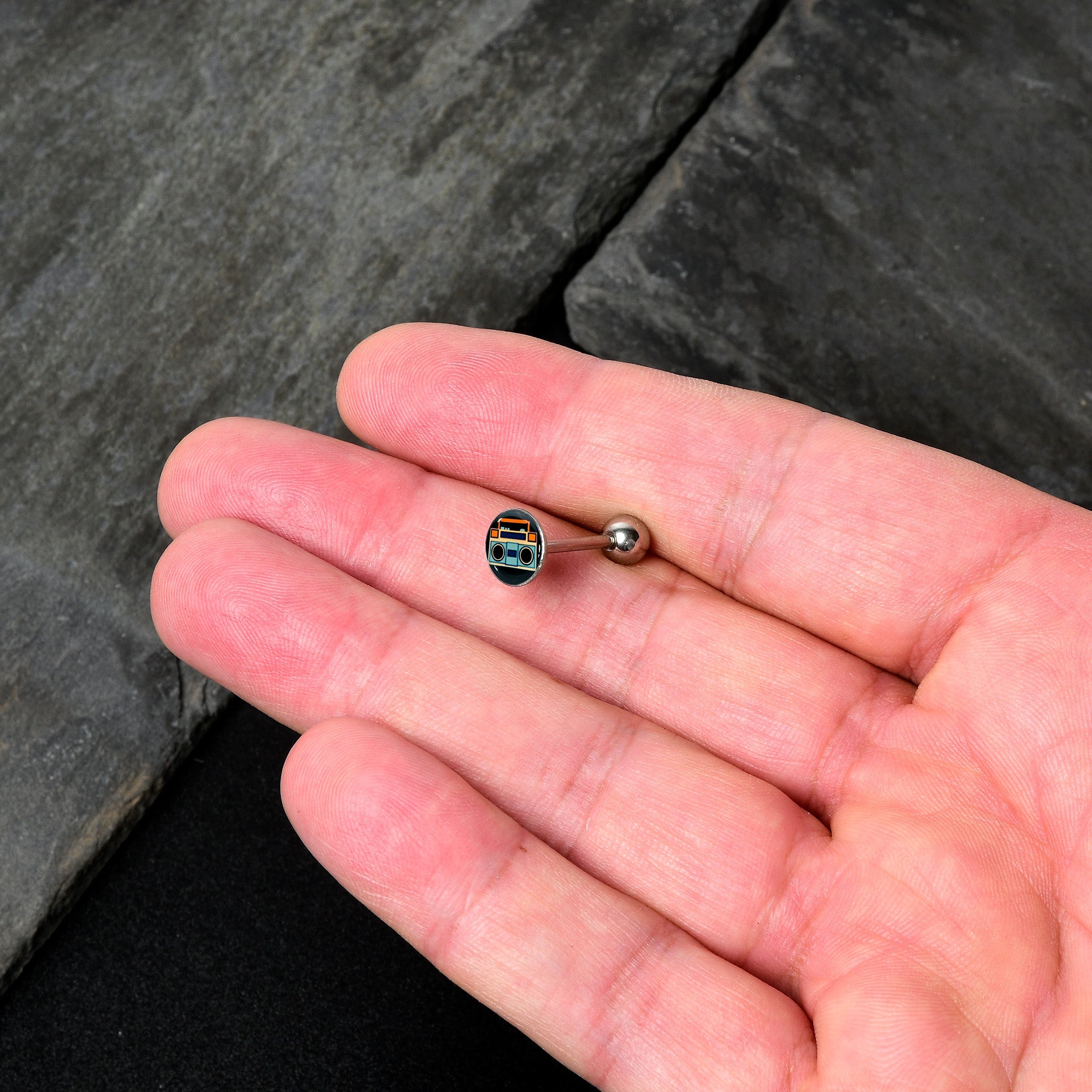 BodyCandy Retro Boombox Barbell Tongue Ring by Onyx O — lifestyle context