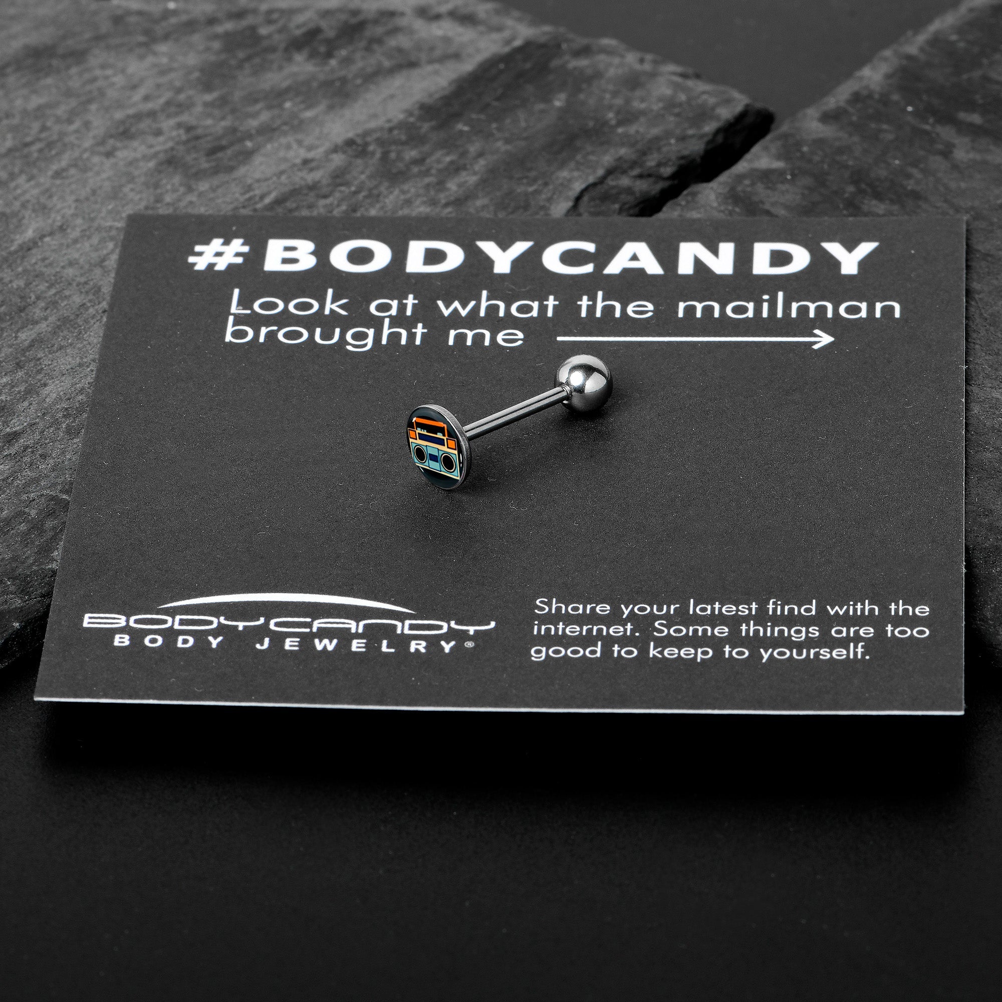 BodyCandy Retro Boombox Barbell Tongue Ring by Onyx O — in-use photo
