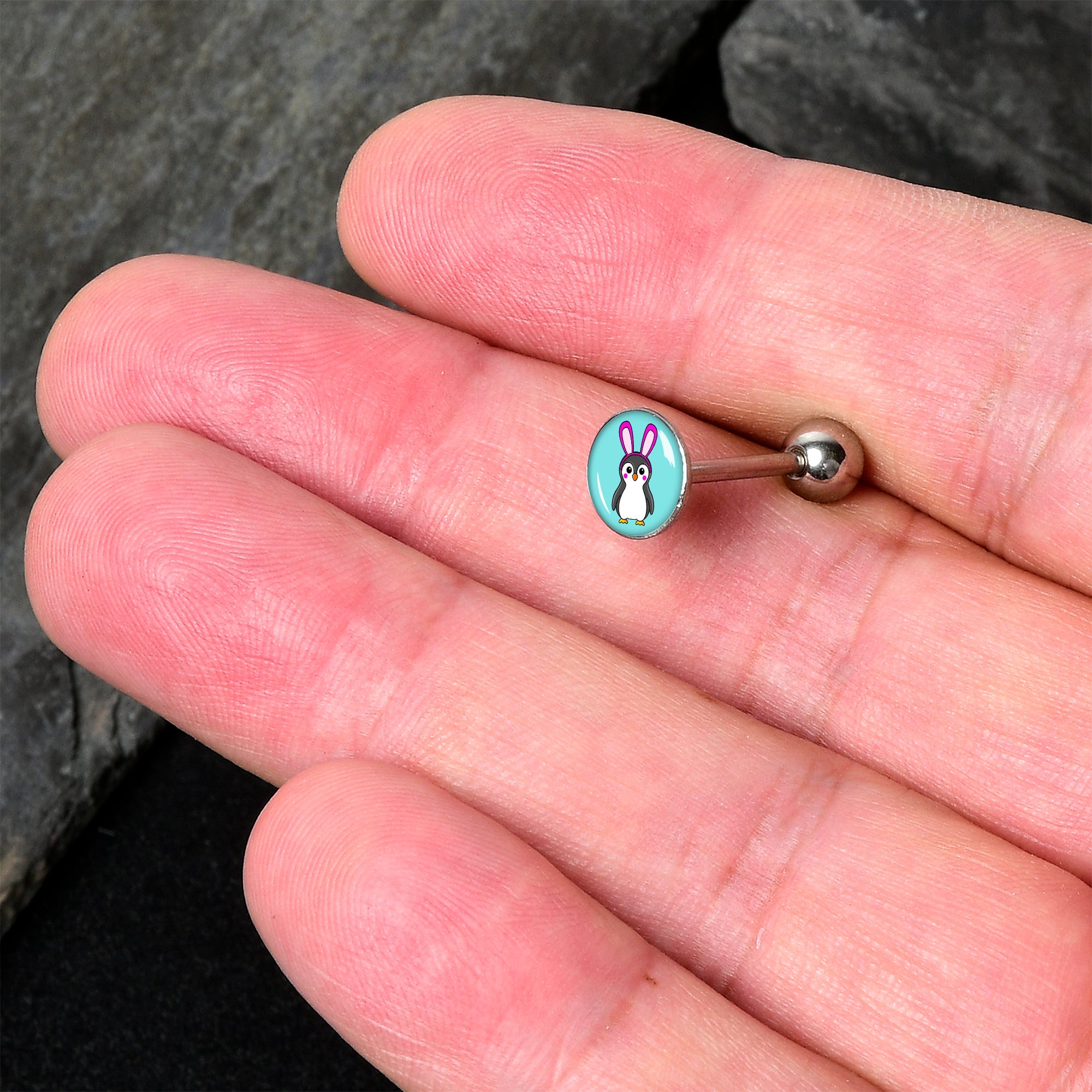 BodyCandy Bunny Penguin Barbell Tongue Ring by Onyx O — detail close-up