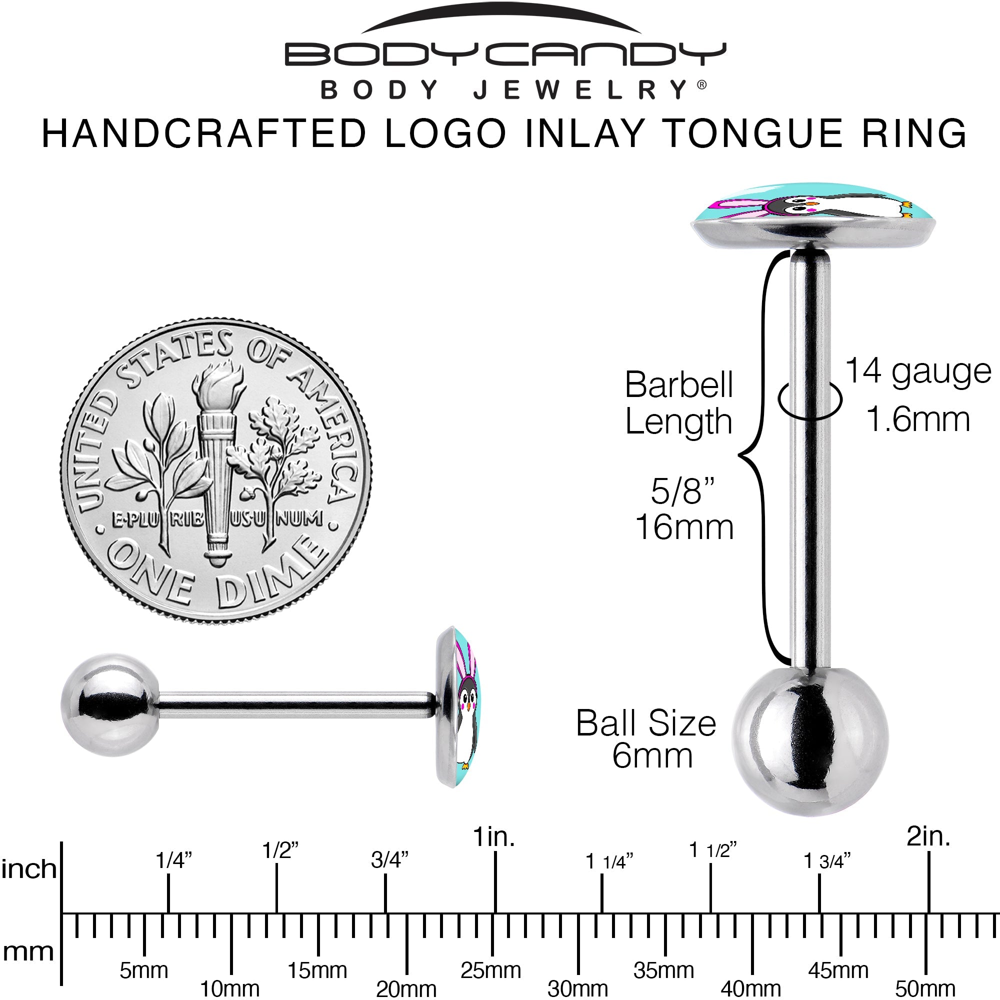 BodyCandy Bunny Penguin Barbell Tongue Ring by Onyx O — back view