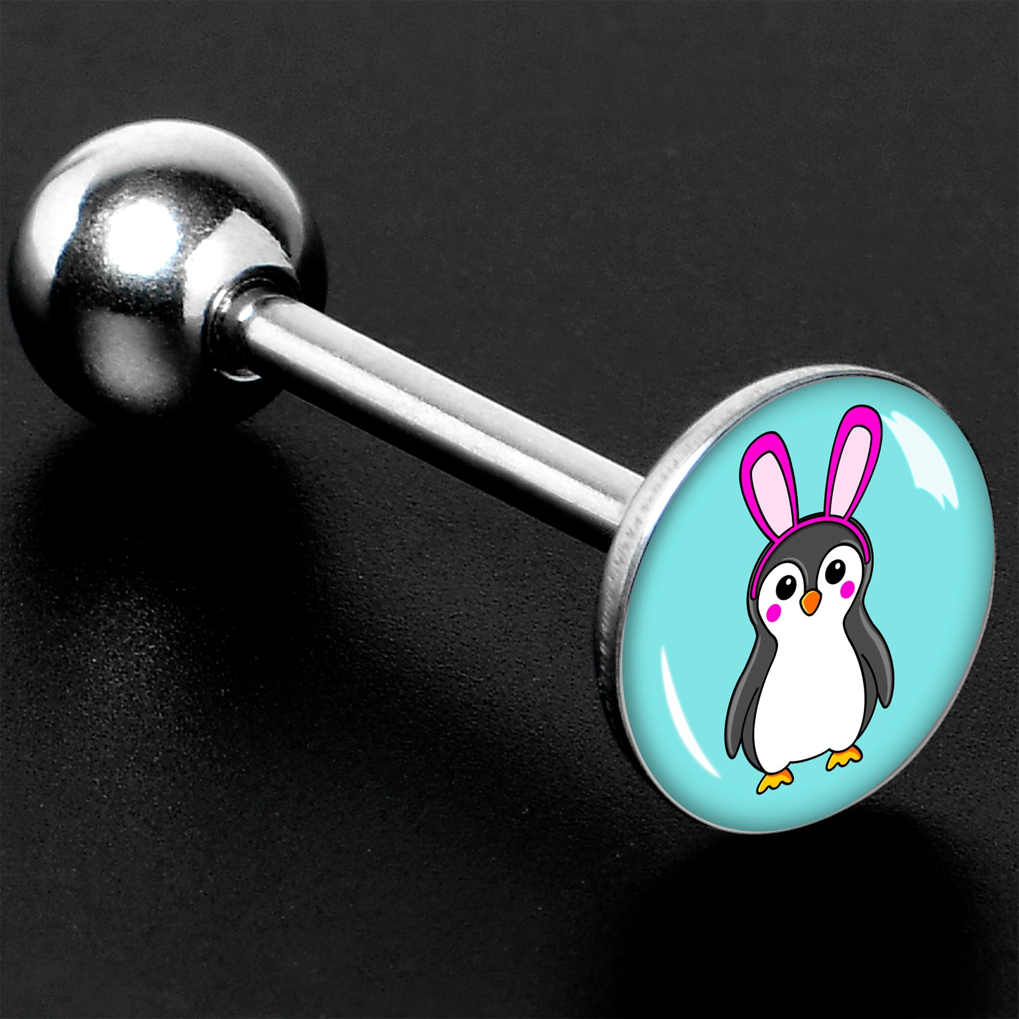 BodyCandy Bunny Penguin Barbell Tongue Ring by Onyx O — size reference