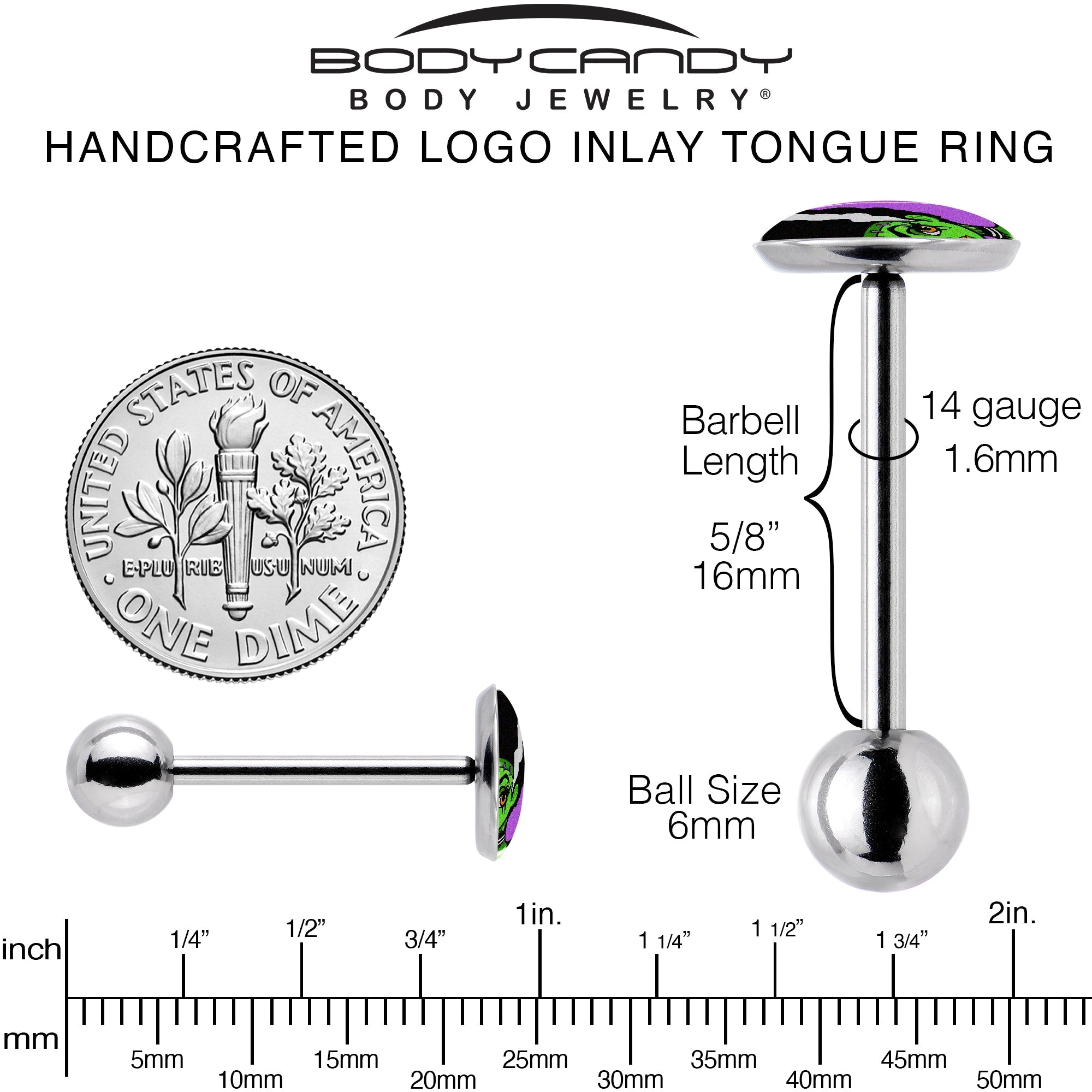 BodyCandy Bride of Frankenstein Barbell Tongue Ring by Onyx O — back view